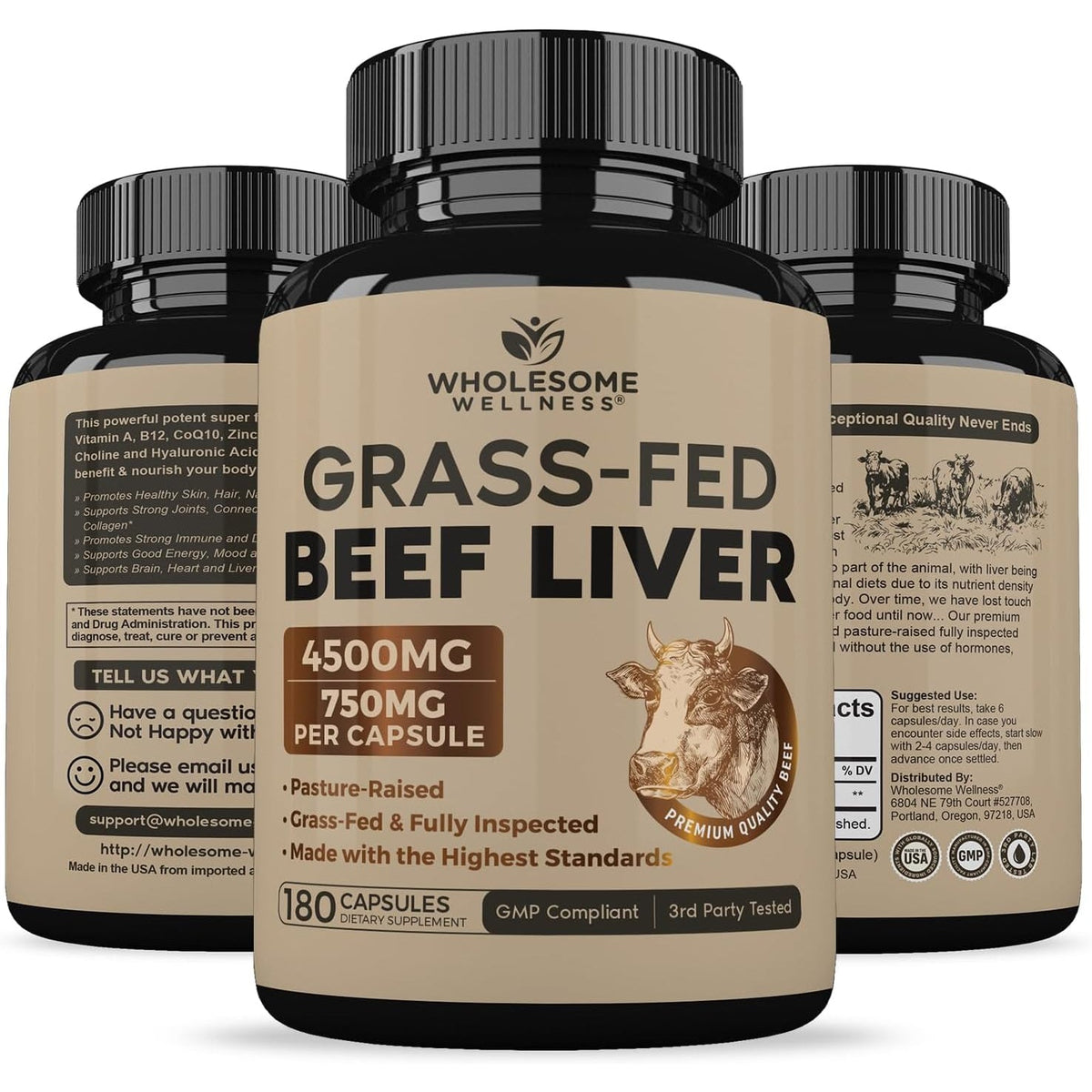 Wholesome Wellness Grass Fed Desiccated Beef Liver Capsules (180 Pills, 750Mg Each) - Natural Iron, Vitamin A, B12 for Energy - Raised Undefatted in New Zealand without Hormones or Chemicals