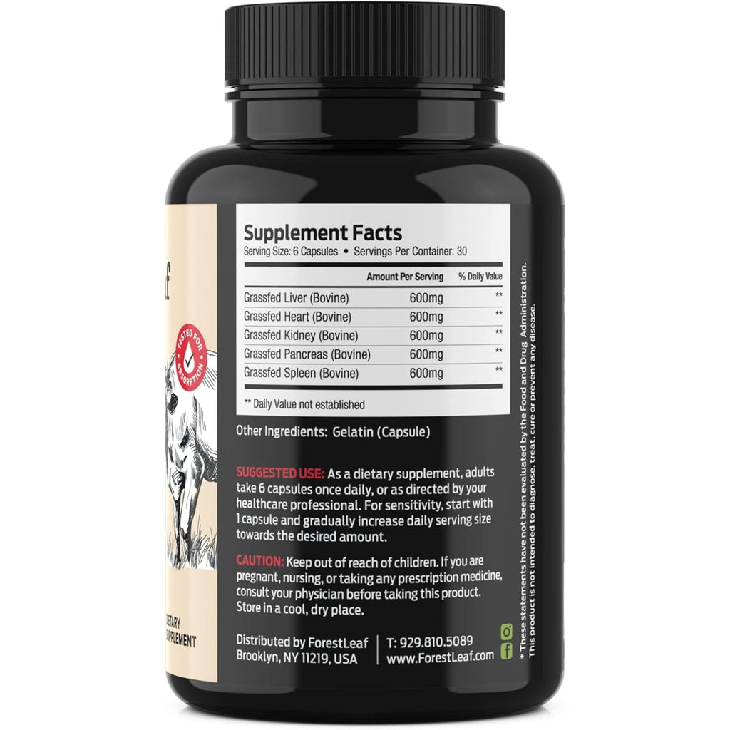 Forestleaf Beef Organ Supplement - Grass Fed & Pasture Raised - Total Body Wellness & Performance, Organ Complex with 3000Mg of Desiccated Beef Liver, Heart, Kidney, Pancreas, Spleen (180 Capsules)