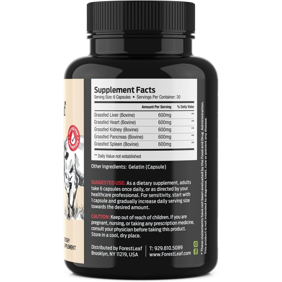 Forestleaf Beef Organ Supplement - Grass Fed & Pasture Raised - Total Body Wellness & Performance, Organ Complex with 3000Mg of Desiccated Beef Liver, Heart, Kidney, Pancreas, Spleen (180 Capsules)