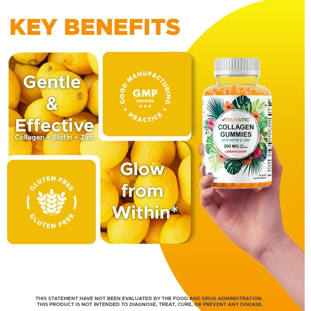 Vitamatic Hydrolyzed Collagen Gummies with Vitamin C, Zinc and Biotin, 200 Mg - Healthy Skin Support - 60 Gummies