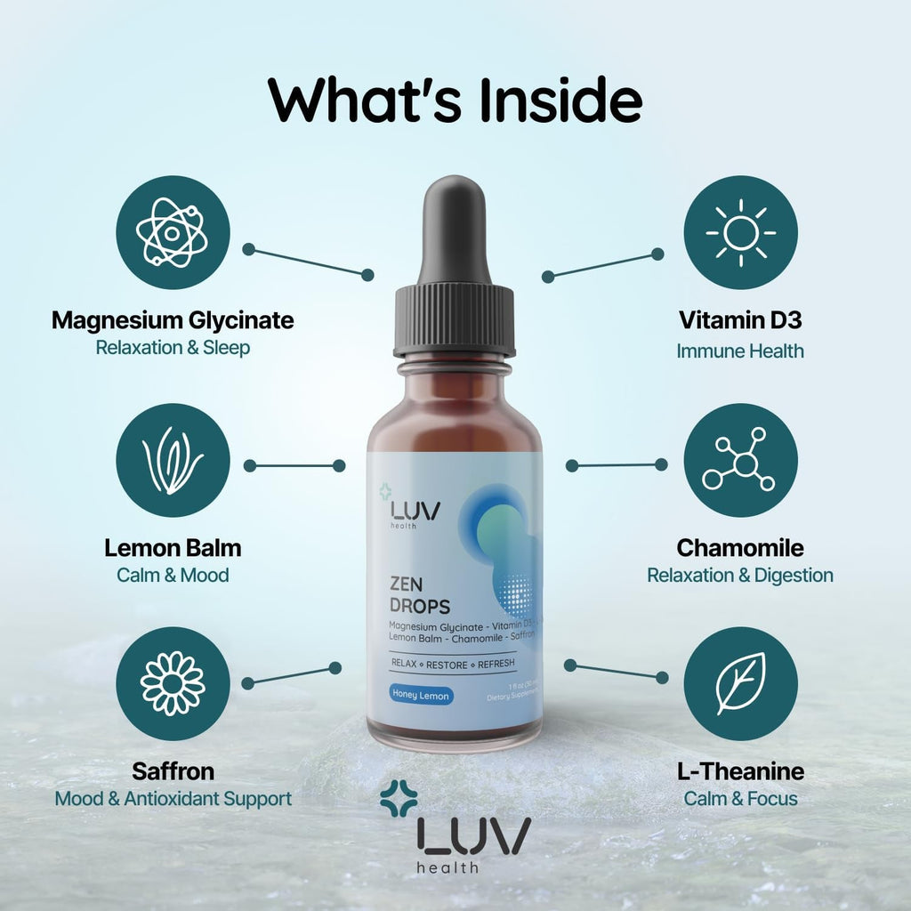 LUV Zen Drops: Anxiety and Stress Support Drops with Magnesium Glycinate, Vitamin D3, Lemon Balm, Chamomile, Saffron, L-Theanine. Keto, Vegan, USA Made, Non-Gmo, 30 Servings (1)