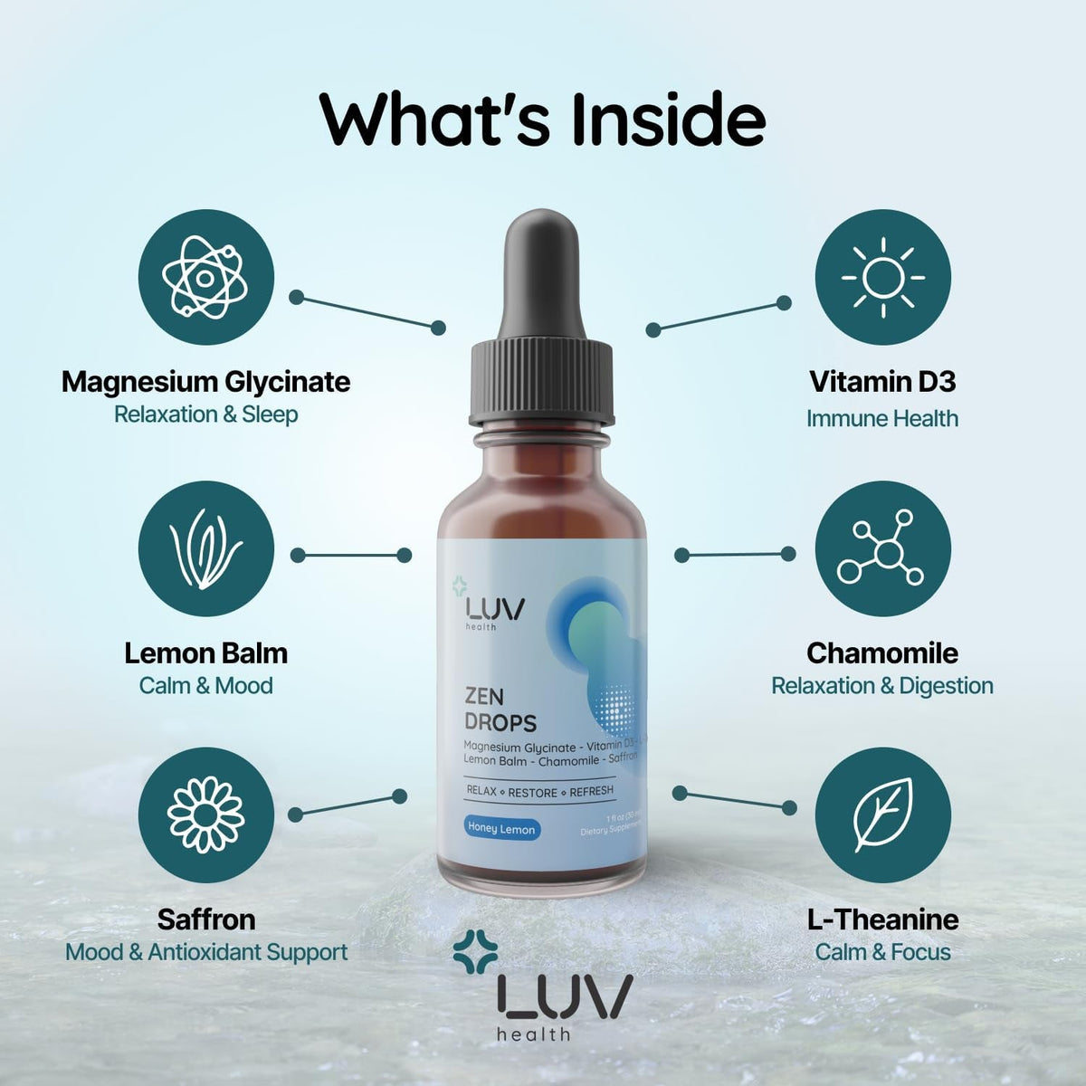 LUV Zen Drops: Anxiety and Stress Support Drops with Magnesium Glycinate, Vitamin D3, Lemon Balm, Chamomile, Saffron, L-Theanine. Keto, Vegan, USA Made, Non-Gmo, 30 Servings (1)