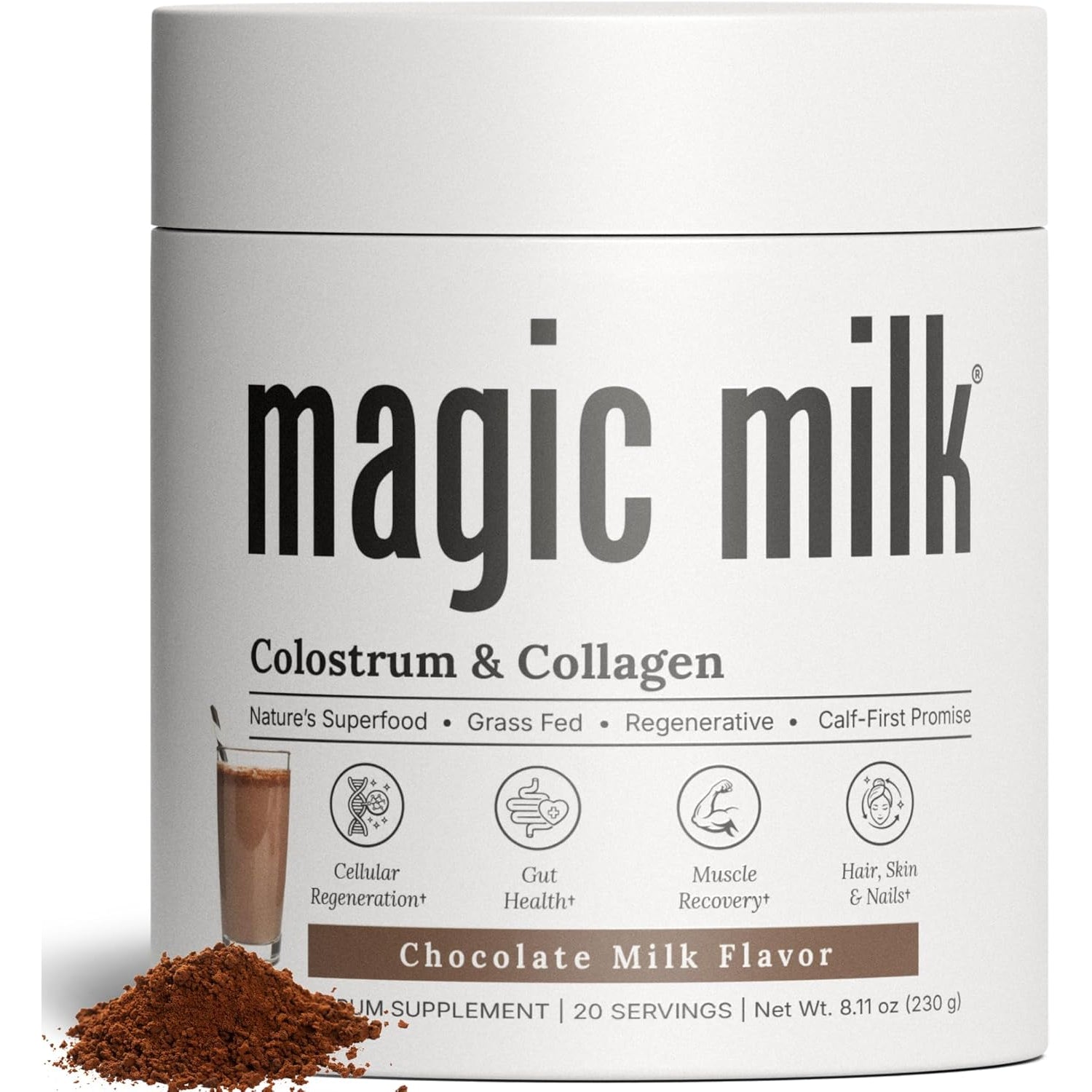 Magic Milk | Grass- Fed Colostrum | Chocolate Milk Flavor | Supports Immunity & Muscle Recovery | Gut Health Superfood | Nutrients for Skin & Hair Health | Bovine Colostrum & Collagen | | 20 Servings