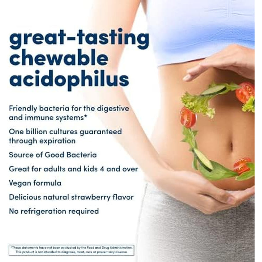 American Health Daily Chewable Tablet Acidophilus, 1 Billion Live Cultures, Beneficial Bacteria for the Digestive & Immune Systems, Strawberry, 60 Count