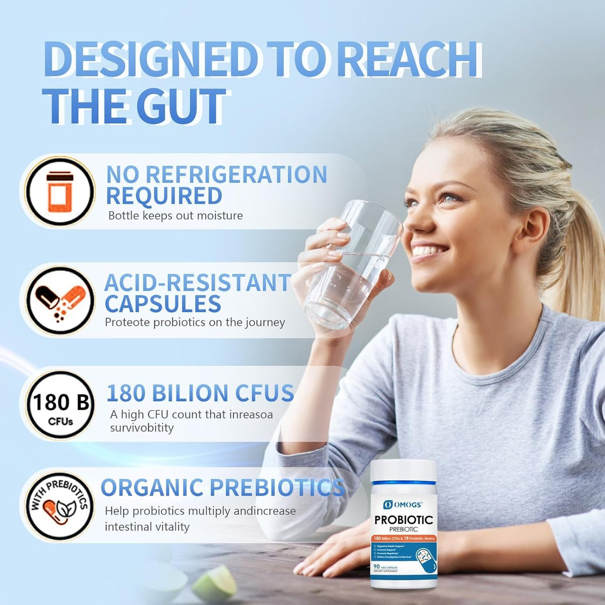 OMOGS Probiotics 180 Billion Cfus 18 Strains, 3 Prebiotics, Helps Digestive, Gut Health, Immune, Supports Occasional Constipation, Diarrhea & Gas - for Women & Men, 90 Capsules