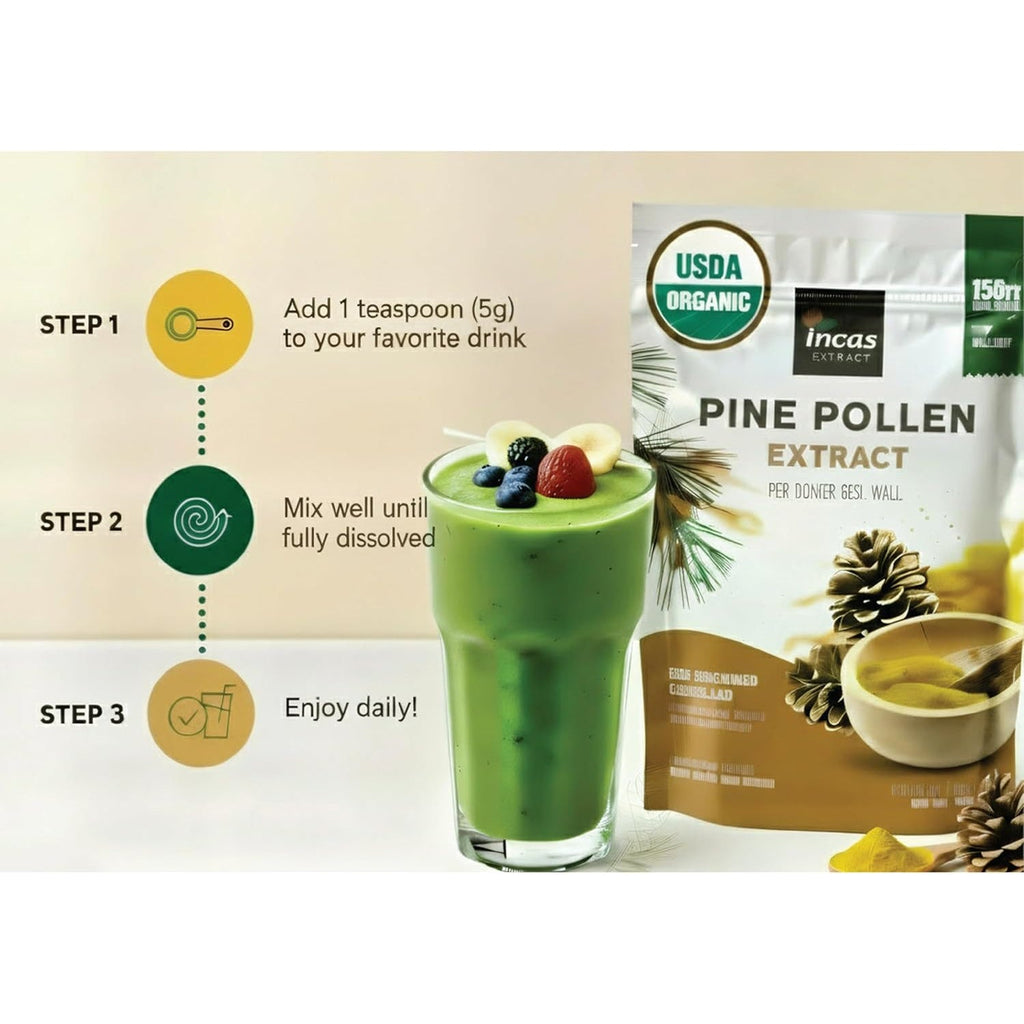 INCAS 100% USDA Organic Pine Pollen Powder (6 Ounces) Non GMO Verified 99% Cracked Cell Wall, Wild HARVESTED, Non-Irradiated, Boosts Energy & Immune Support, No Fillers or Additives