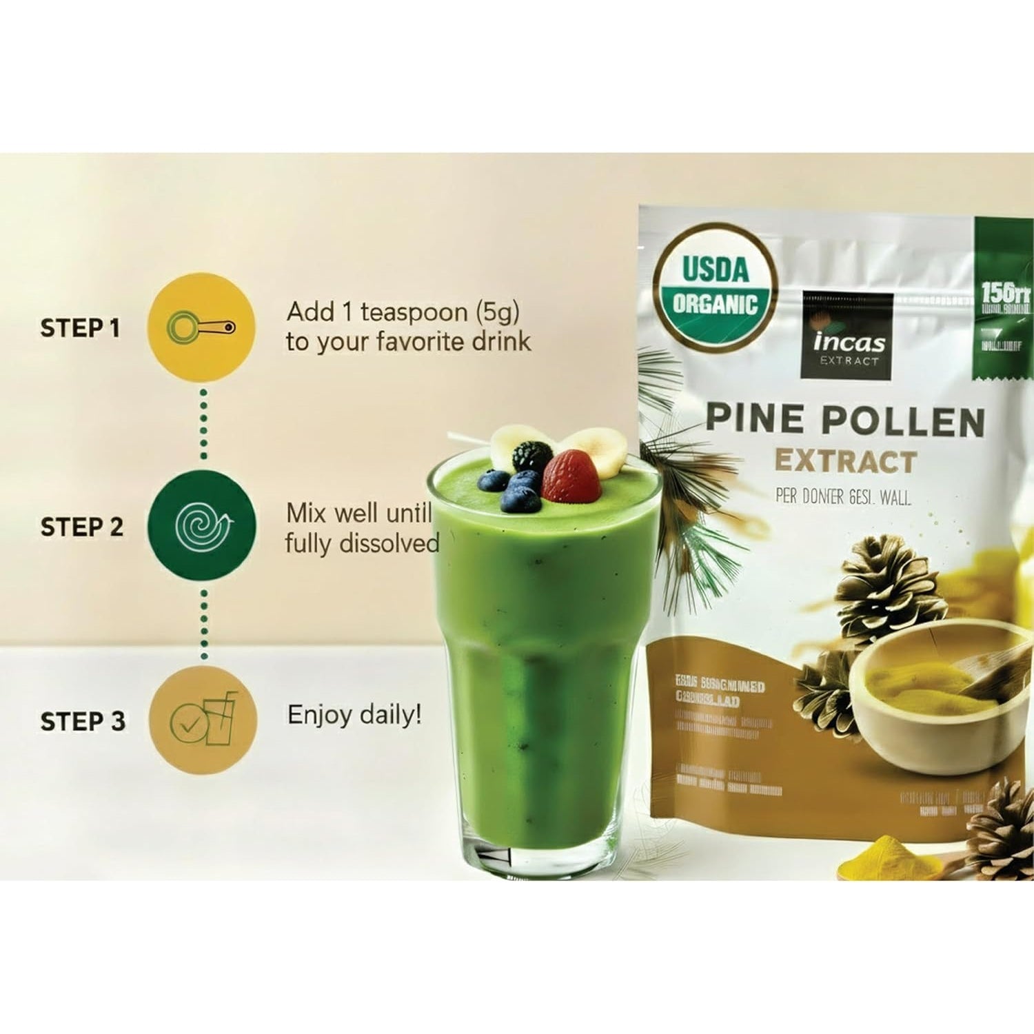 INCAS 100% USDA Organic Pine Pollen Powder (6 Ounces) Non GMO Verified 99% Cracked Cell Wall, Wild HARVESTED, Non-Irradiated, Boosts Energy & Immune Support, No Fillers or Additives