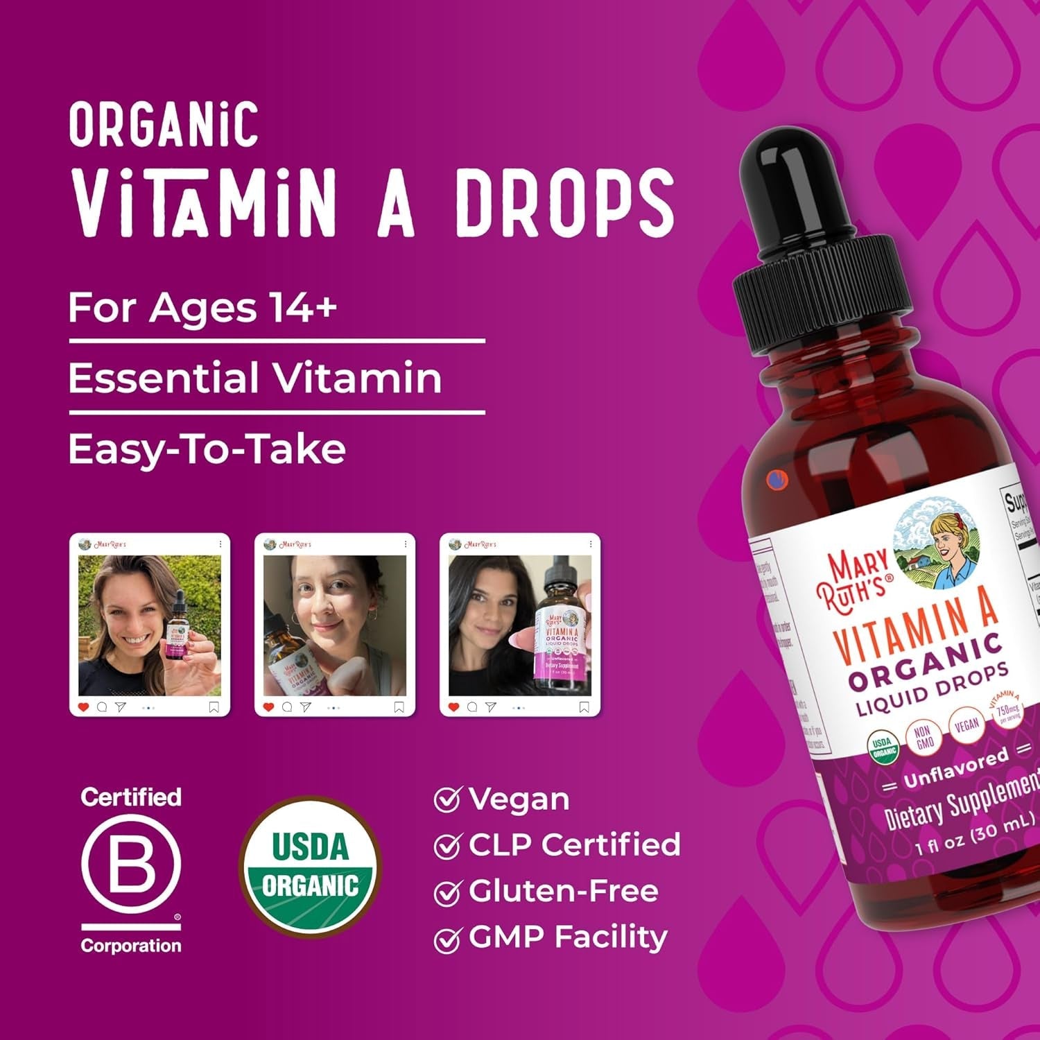 MARYRUTH'S Organics USDA Organic Vitamin a Liquid Drops | 3 Month Supply | Bone Health for Ages 14+ | Essential Vitamin | 750Mcg per Serving | Sugar Free | Vegan | Non-Gmo | Gluten Free | 1Oz