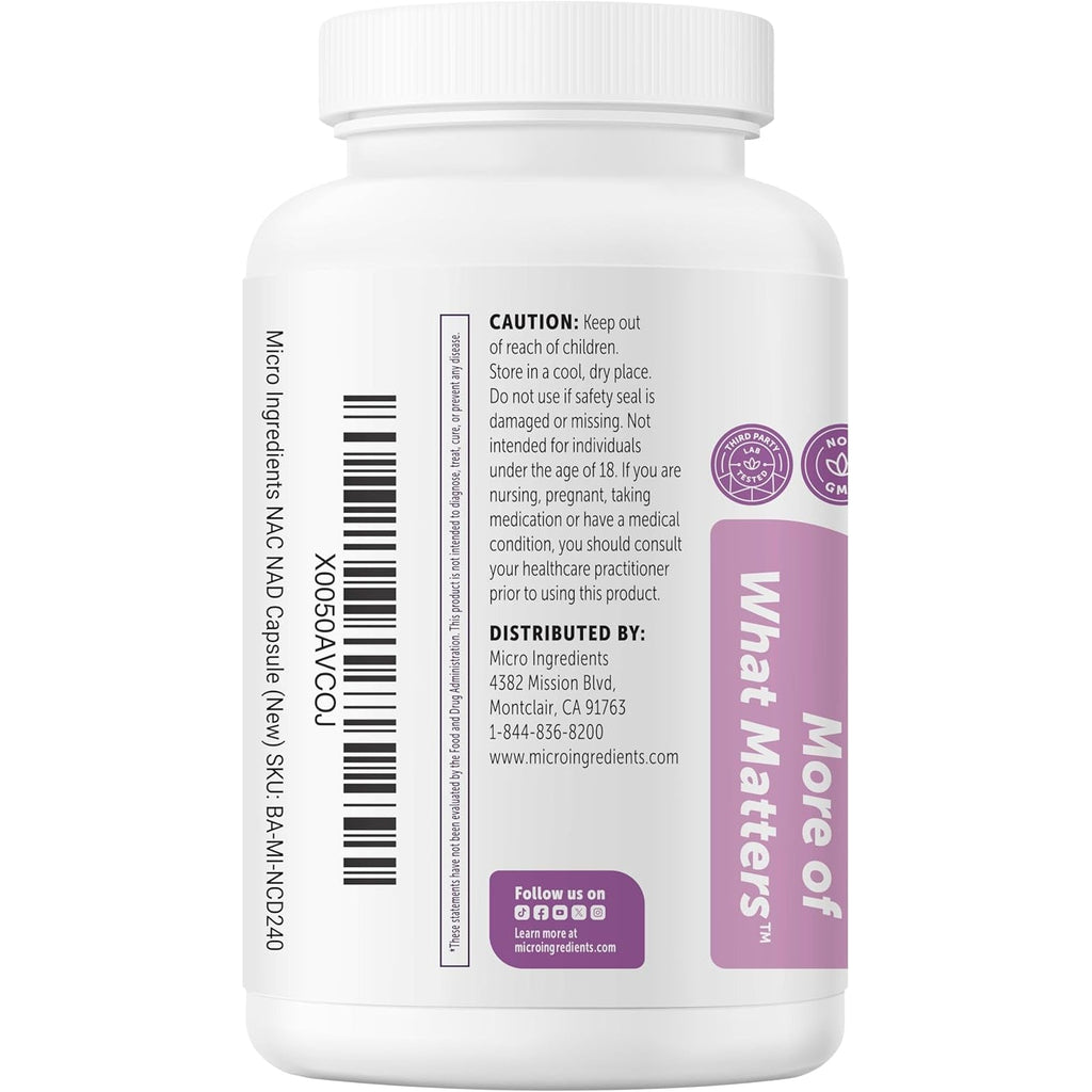 Micro Ingredients NAC with NAD+ 2,000 Mg per Serving, 240 Vegetarian Capsules | 2-In-1 N-Acetyl-L-Cysteine with Nicotinamide Adenine Dinucleotide | Non-Gmo, Gluten Free