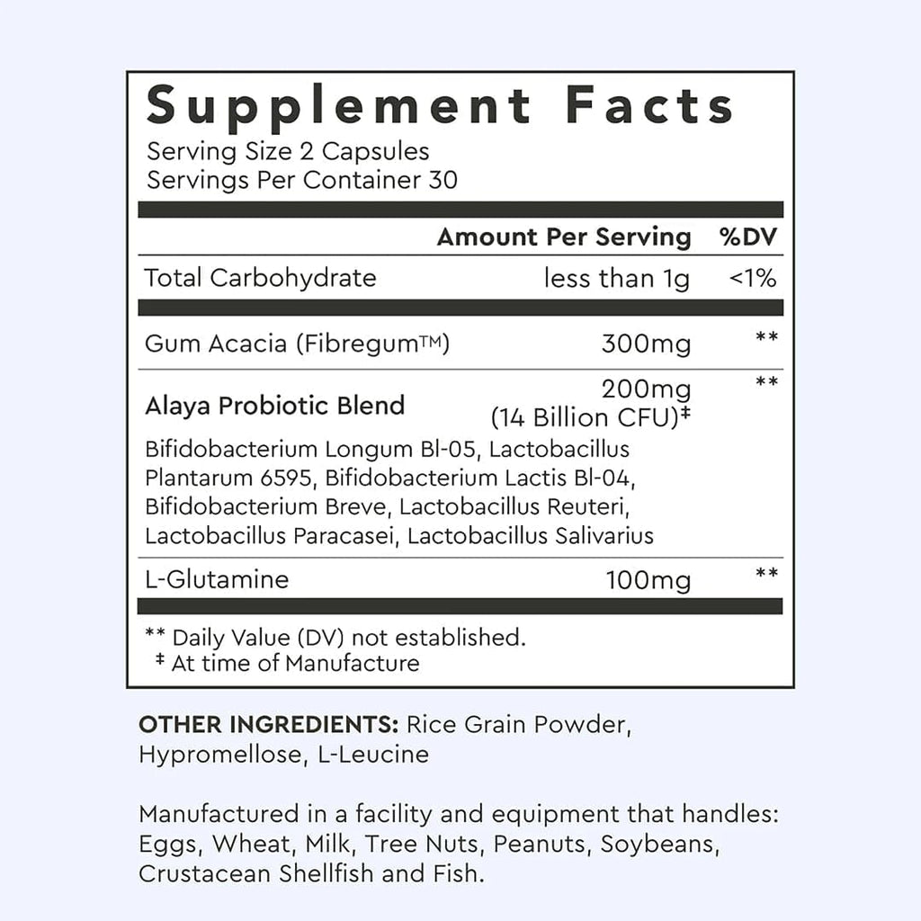 Alaya Naturals Advanced Synbiotic - Probiotic + Prebiotic - 14 Billion CFU Delayed Release Probiotic Supplement with Prebiotics from Sunfiber®, and L-Glutamine for Gut Lining Integrity - 60 Capsules