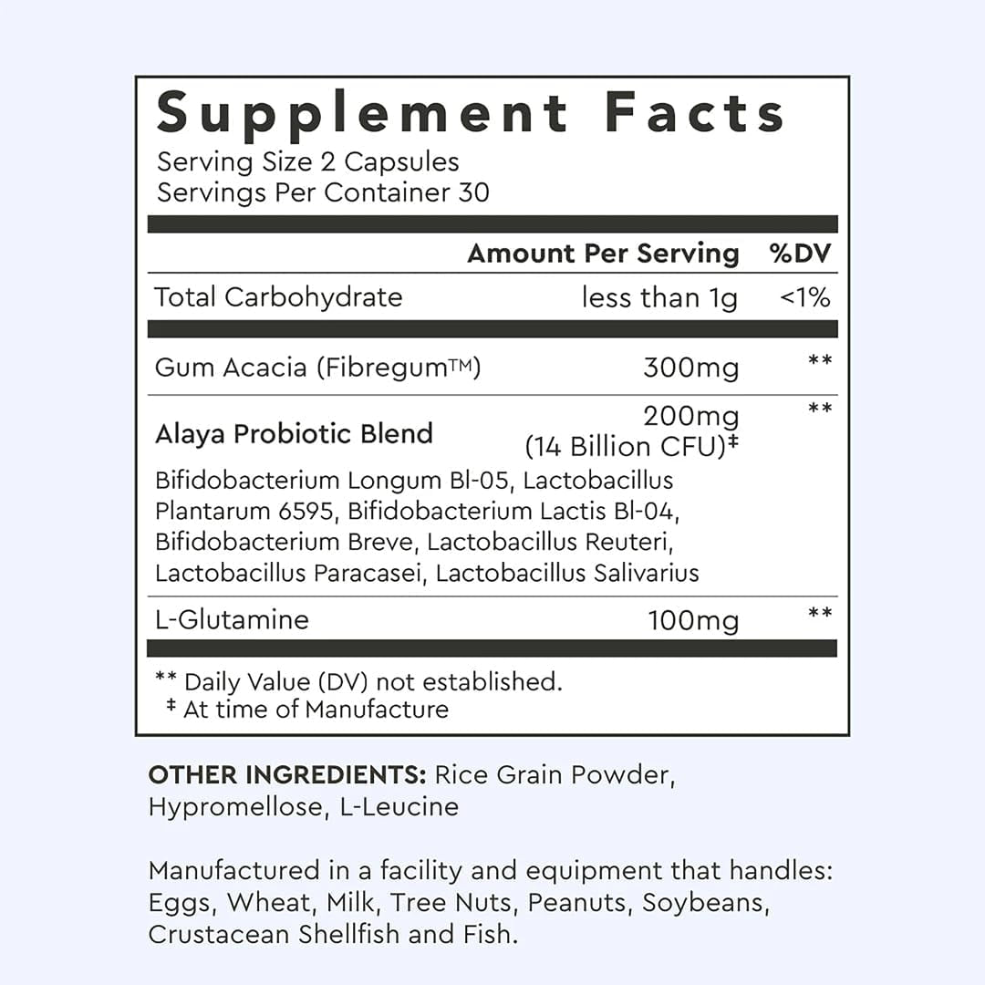 Alaya Naturals Advanced Synbiotic - Probiotic + Prebiotic - 14 Billion CFU Delayed Release Probiotic Supplement with Prebiotics from Sunfiber®, and L-Glutamine for Gut Lining Integrity - 60 Capsules