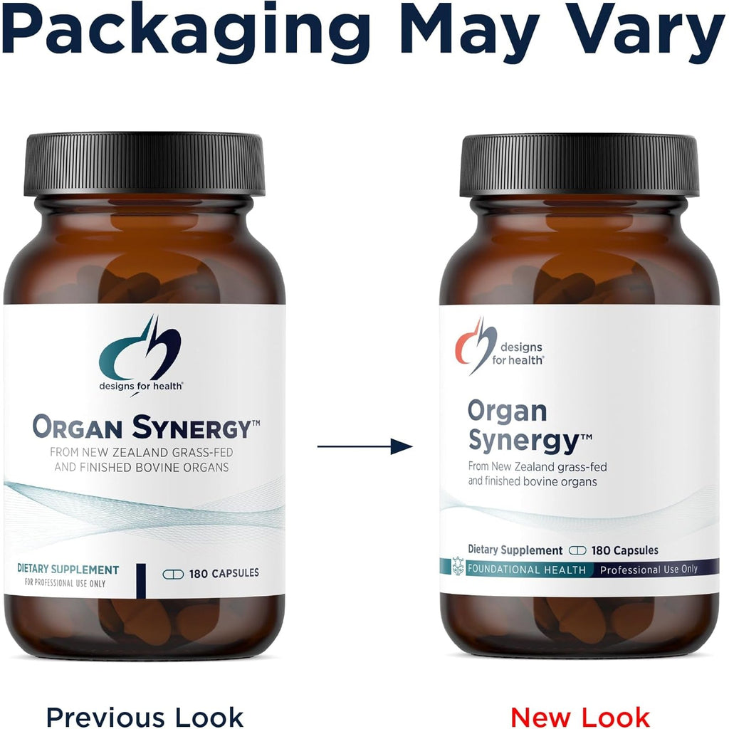 Designs for Health Organ Synergy - Bovine Organ Supplements - 100% Grassfed Beef Organs with Liver, Heart, Pancreas, Kidney + Spleen (180 Capsules / 30 Servings)