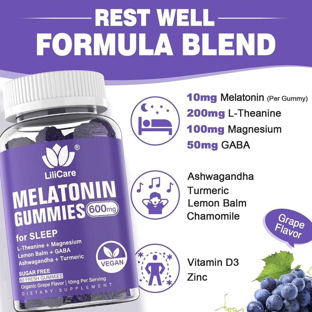 Melatonin Gummies 10Mg 20Mg for Adults Sugar Free, Extra Strength W/ L-Theanine, Ashwagandha, Magnesium, Turmeric, GABA, Lemon Balm and Chamomile for Healthy Circadian Rhythm, Vegan Grape Flavor, 60Ct