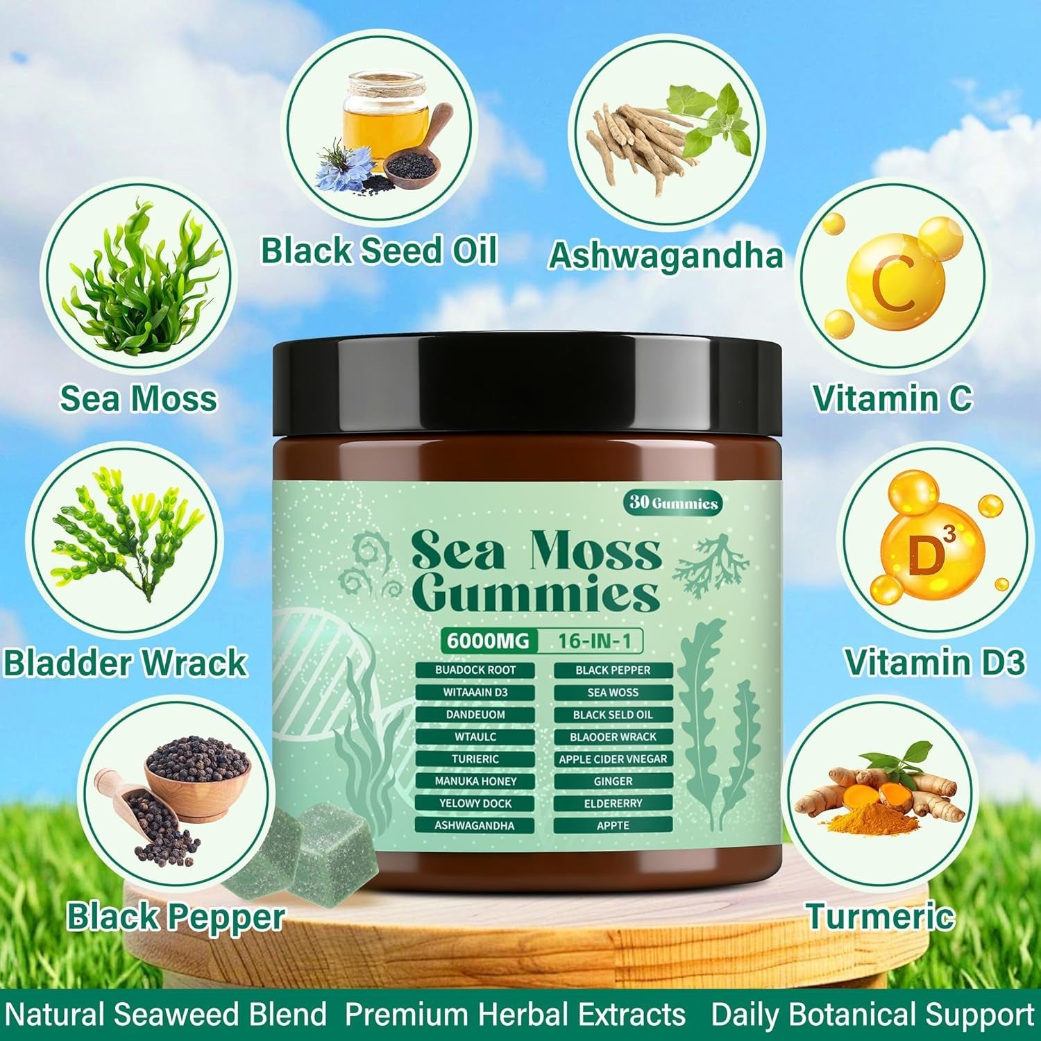 Sea Moss Gummies,16-In-1,Bladder Wrack Turmeric Vitamin C & D3 with Manuka Burdock,30 Gummies