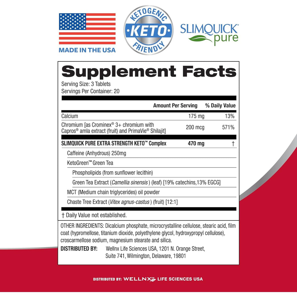 Slimquick Pure 3X Extra Strength Pill for Women, Helps Achieve Weight Goals, Helps Metabolism, Lose Excess Water, Keeps Full for Longer with Green Tea Extract, Caste Tree, Caffeine, MCT Oil - 60 Count