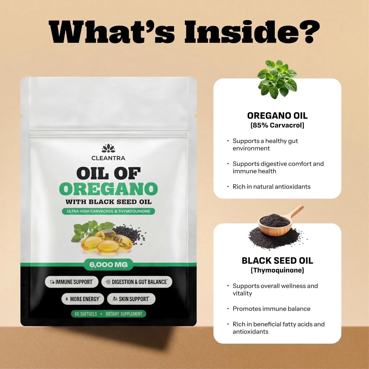 Oil of Oregano with Black Seed Oil – Softgels for Gut, Immune & Antioxidant Support – 6000Mg