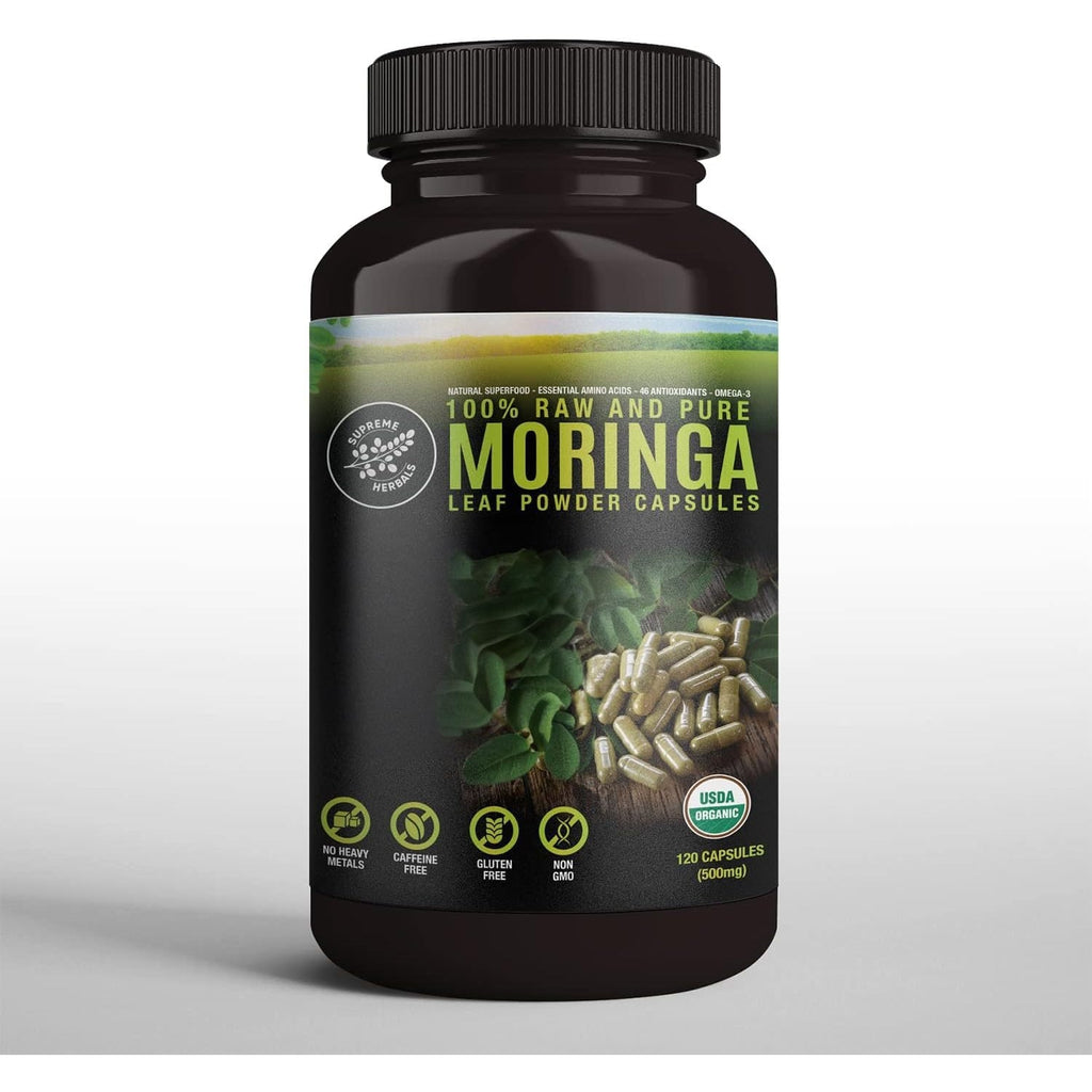 SUPREME HERBALS, 100% Raw and Pure Moringa Leaf Powder Capsules. Organic Certified Moringa Leaf. Natural Superfood with Essential Amino Acids, Antioxidants and Omega 3, 500Mg, 120 Capsules.