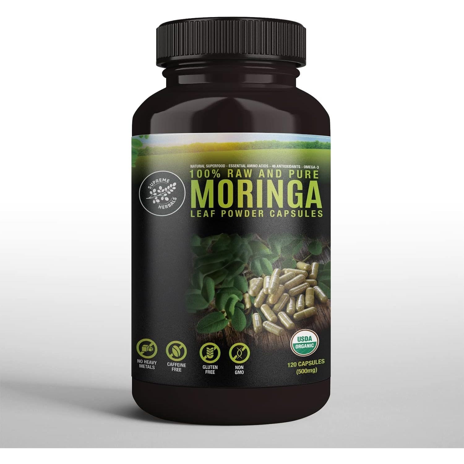 SUPREME HERBALS, 100% Raw and Pure Moringa Leaf Powder Capsules. Organic Certified Moringa Leaf. Natural Superfood with Essential Amino Acids, Antioxidants and Omega 3, 500Mg, 120 Capsules.