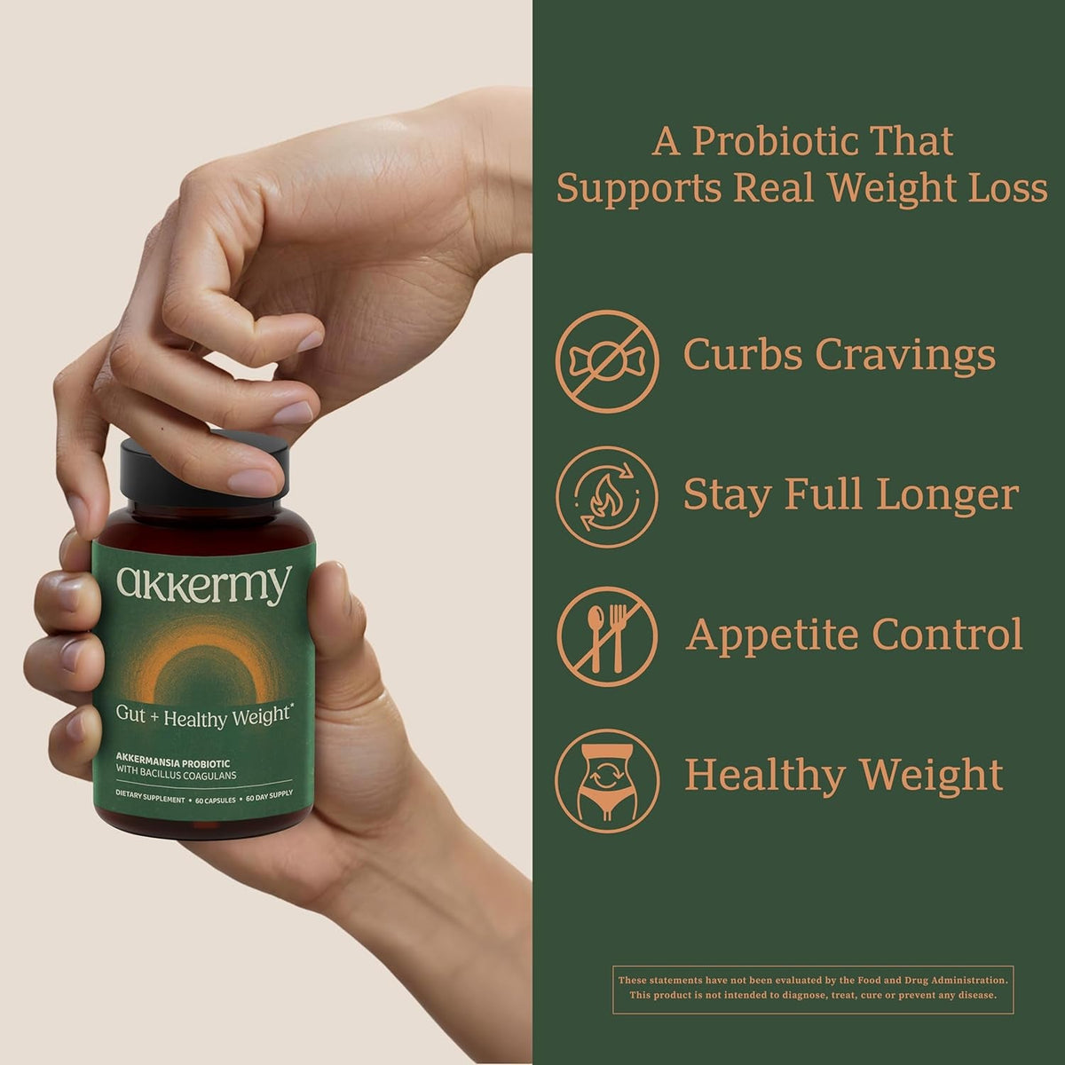 Akkermansia Probiotic for Appetite Suppressant & Craving Control | Increases GLP-1 for Weight Loss | 60 Day Supply | Made in USA | Bacillus Coagulans, B2, D3 & Chromium | SIBO Friendly, Vegan