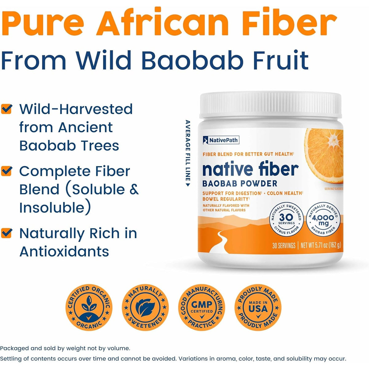 Nativepath Organic Baobab Prebiotic Fiber Powder - Digestive Health Supplement - Natural Orange Flavor, 30 Servings