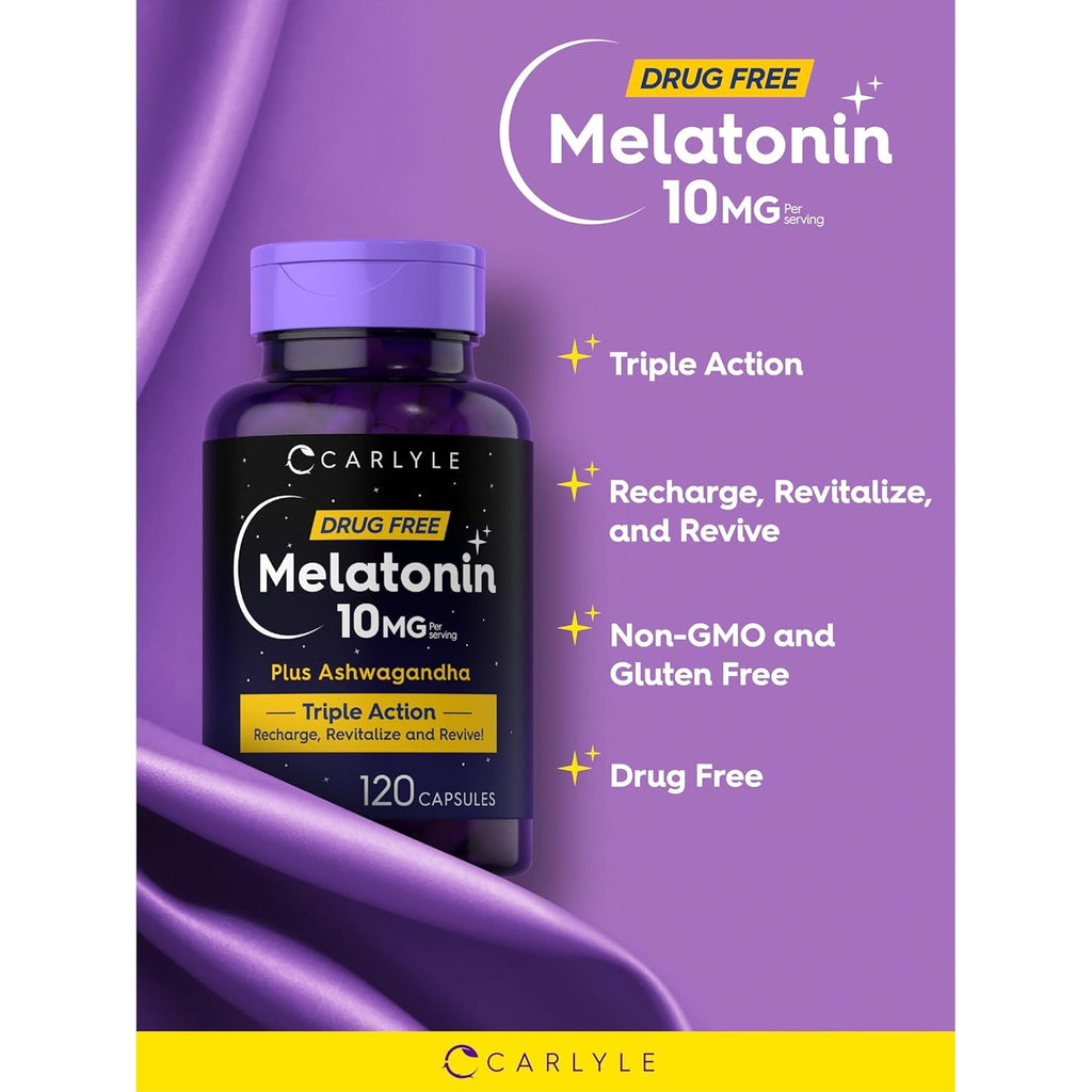 Carlyle Melatonin 10Mg | 120 Capsules | with Ashwagandha | Triple Strength Formula | Non-Gmo, Gluten Free Supplement