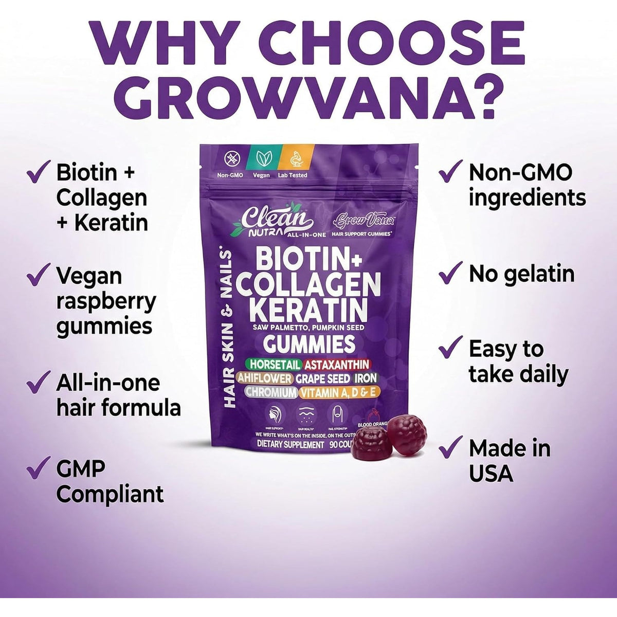 Growvana Hair Growth Gummies for Women Biotin Collagen Keratin Saw Palmetto Horsetail Astaxanthin Iron Zinc Pantothenic Acid Vitamin a D E Pumpkin Seed Ahiflower MSM Supplement by Clean Nutra 90 Count