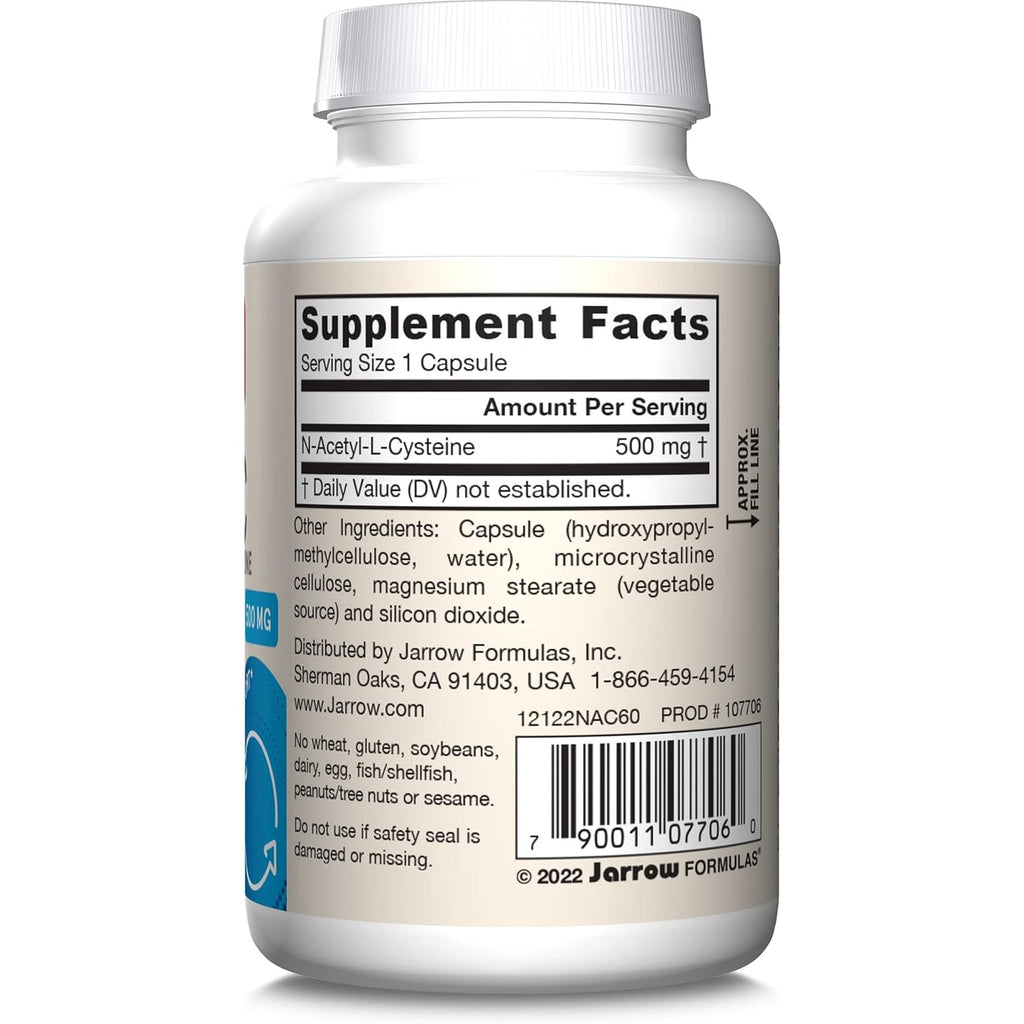Jarrow Formulas® N-A-C 500 Mg, Dietary Supplement, Antioxidant Support for Liver Health, 60 Veggie Capsules, 60 Day Supply
