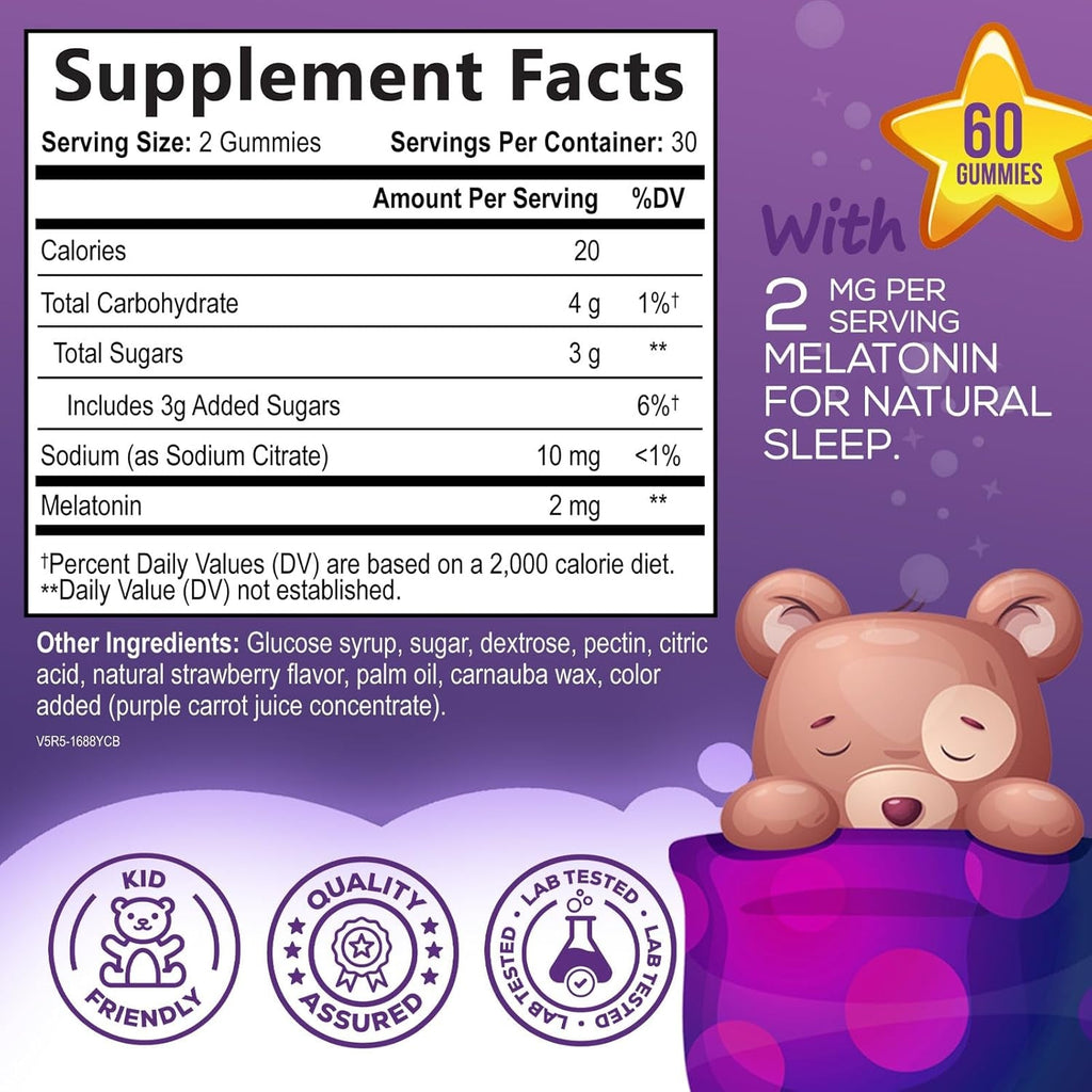 Kids Melatonin Gummies - 2Mg Melatonin per Serving - Children'S Melatonin Gummy for Restful Sleep - Best Children'S Chewable Sleep Supplement - Vegan, Non-Gmo, Natural Berry Flavor - 60 Gummies
