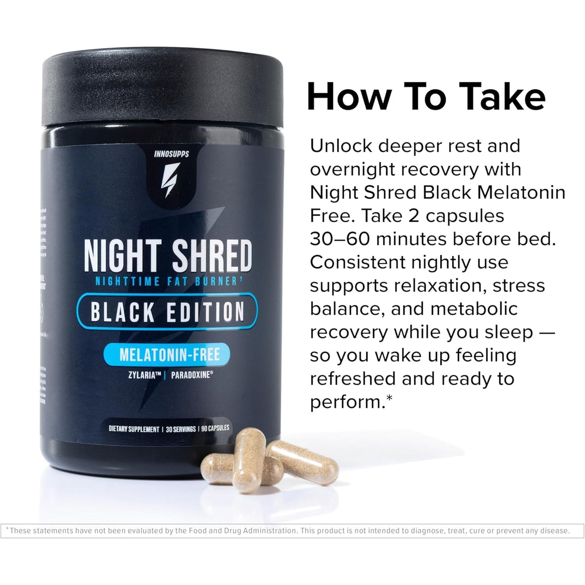 Night Shred Black Melatonin-Free - Night Time Fat Burner, Weight Loss, and Natural Sleep Support - GABA Complex with Ashwagandha, CLA, Grains of Paradise - Thermogenic Fat Burner - 90 Vegan Capsules