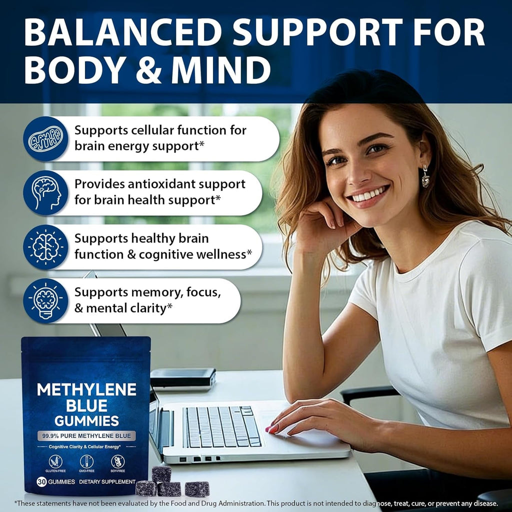 Methylene Blue Gummies 5Mg per Serving, Supports Cognitive Function, Cellular Energy, Mental Focus, Antioxidant Activity, 99.9% Pure | 30 Gummies