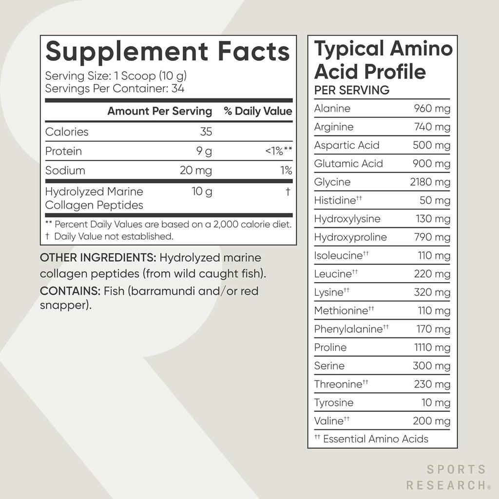 Sports Research Marine Collagen Peptides Powder - Sourced from Wild-Caught Fish, Pescatarian Friendly, Keto Certified & Non-Gmo Tested - Easy to Mix in Water or Juice! (34 Servings)