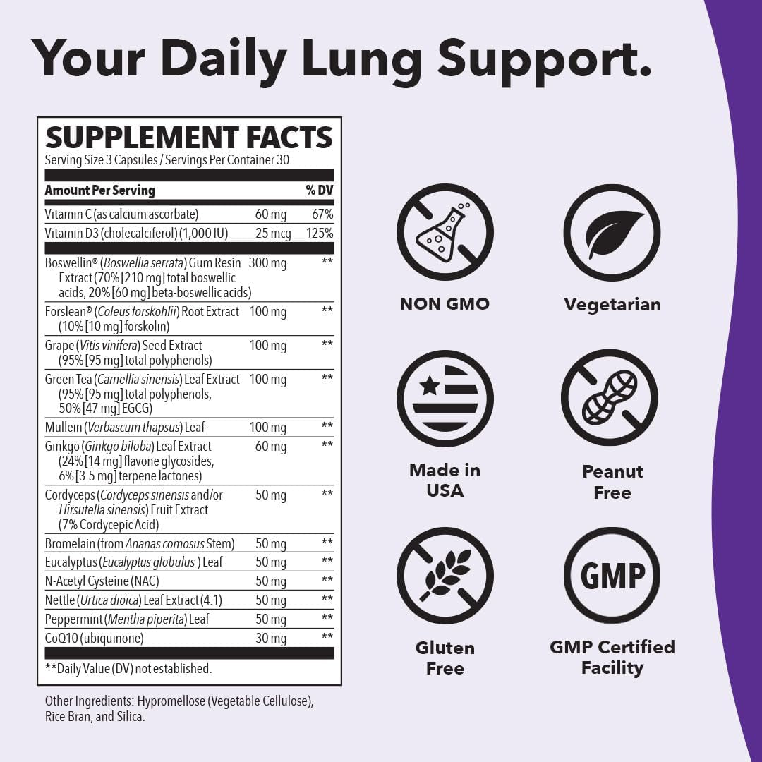 Lung Capaci-T - Respiratory Support Supplement - Coq10, N-Acetyl Cysteine, Boswellia, Eucalyptus, Mullein, Green Tea, Nettle & Peppermint - Increases Oxygen Capacity & Reduces Mucus - 90 Capsules
