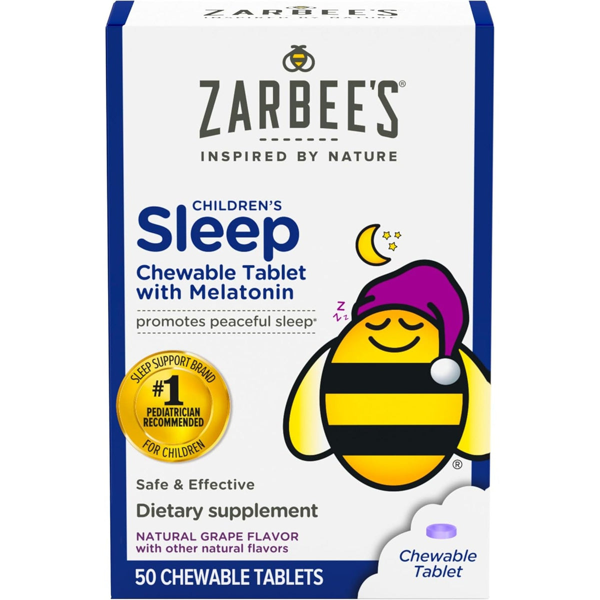 Zarbee'S Kids Melatonin Chewable Tablet, 1Mg Melatonin, Drug-Free & Effective Sleep Supplement, Natural Grape Flavor, No Artificial Sweeteners or Dyes, Gluten Free, Ages 3+, 50 Ct