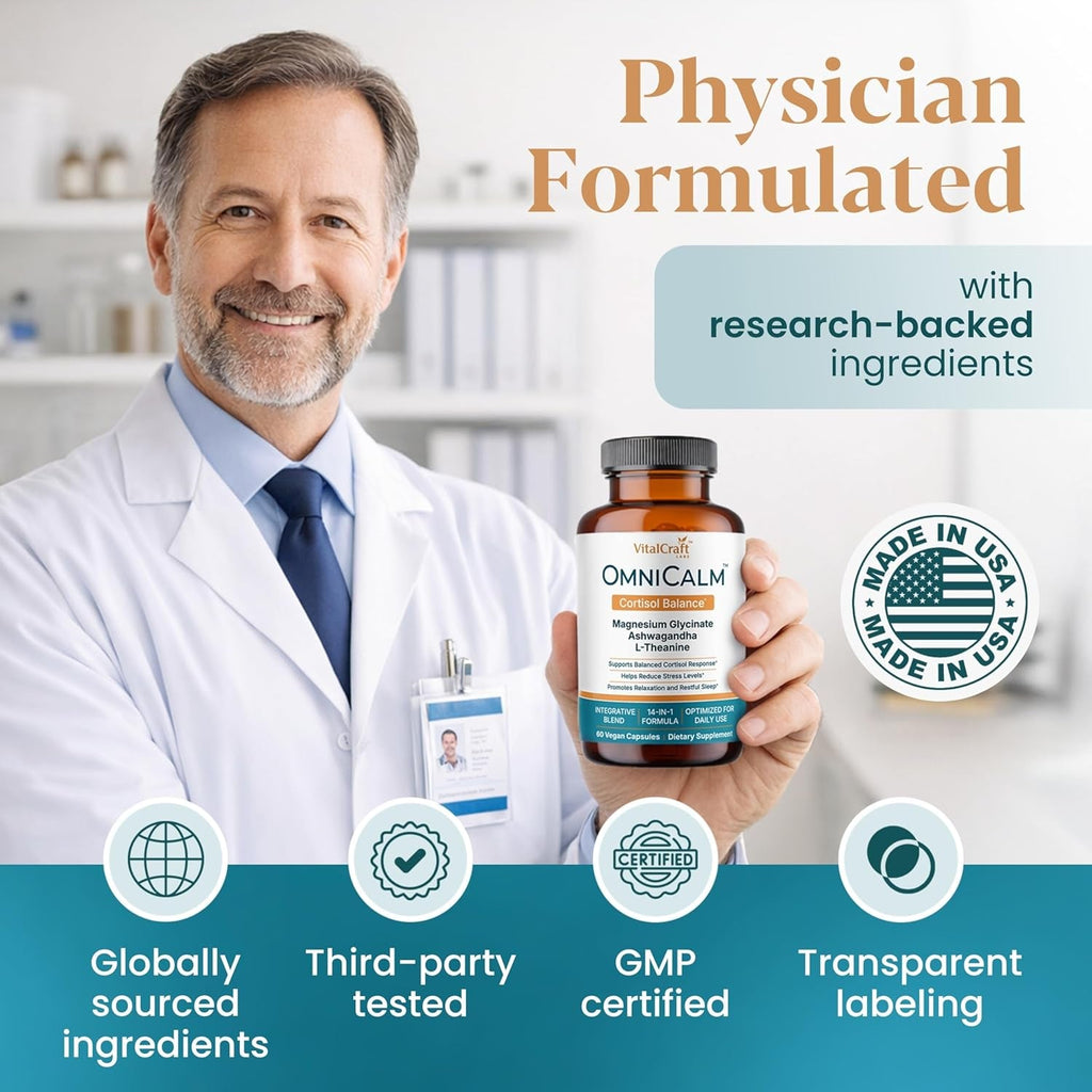 Omnicalm Cortisol Supplements for Women & Men | Cortisol Reducer & Manager with Sensoril Ashwagandha, Suntheanine L-Theanine, Magnesium Glycinate | Physician-Formulated 14-In-1 Stress Relief - USA