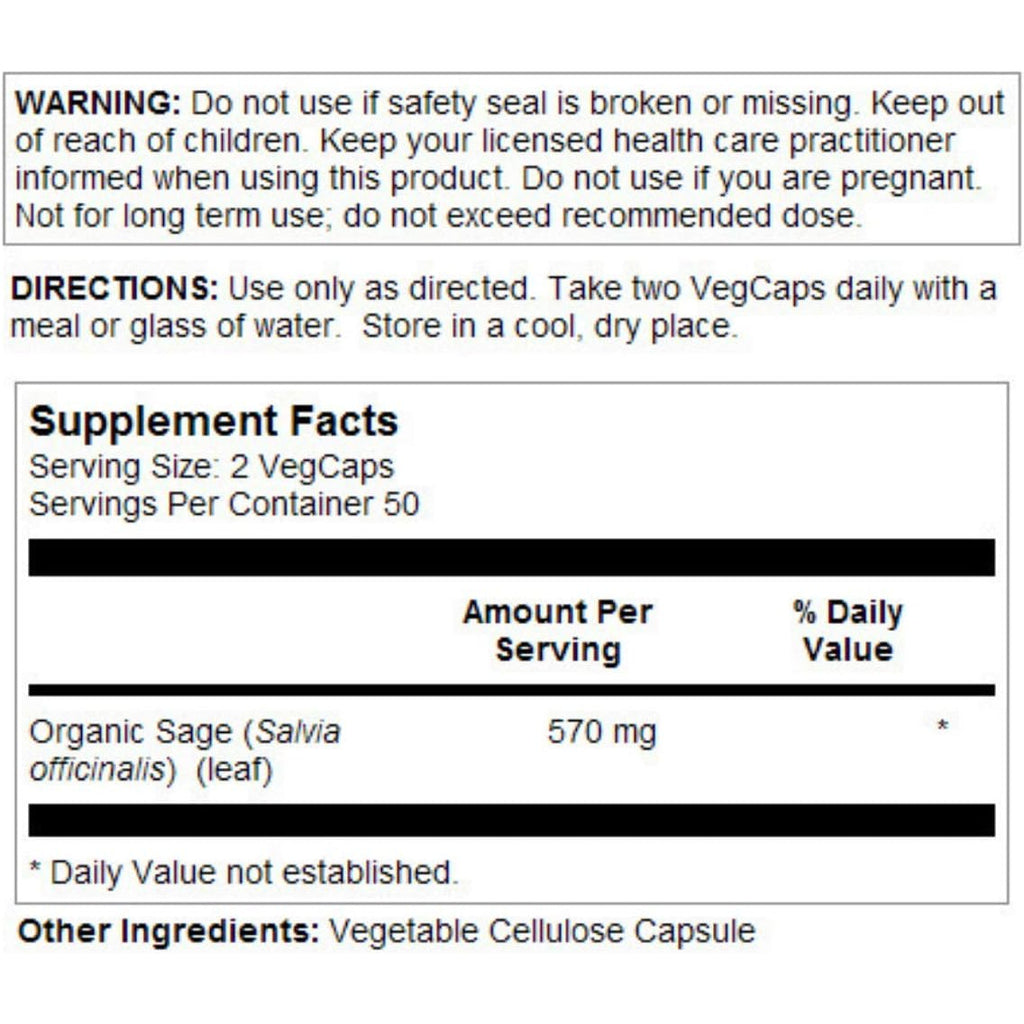 SOLARAY Sage Leaves Supplement for Women & Men - Sage Leaf Capsules, Natural Herbal Support for Immune System, 570 Mg, Non GMO - 100 Veg Caps