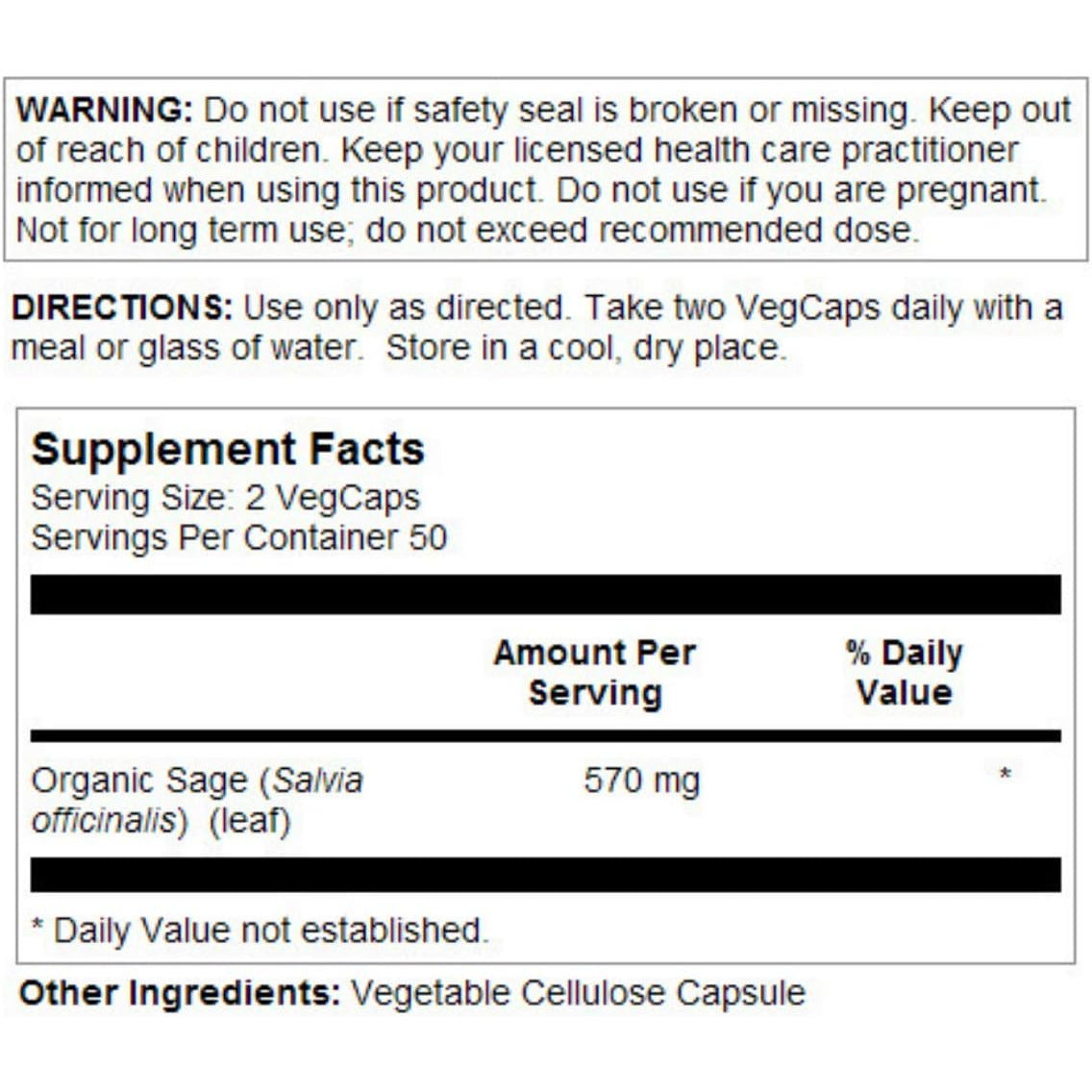 SOLARAY Sage Leaves Supplement for Women & Men - Sage Leaf Capsules, Natural Herbal Support for Immune System, 570 Mg, Non GMO - 100 Veg Caps