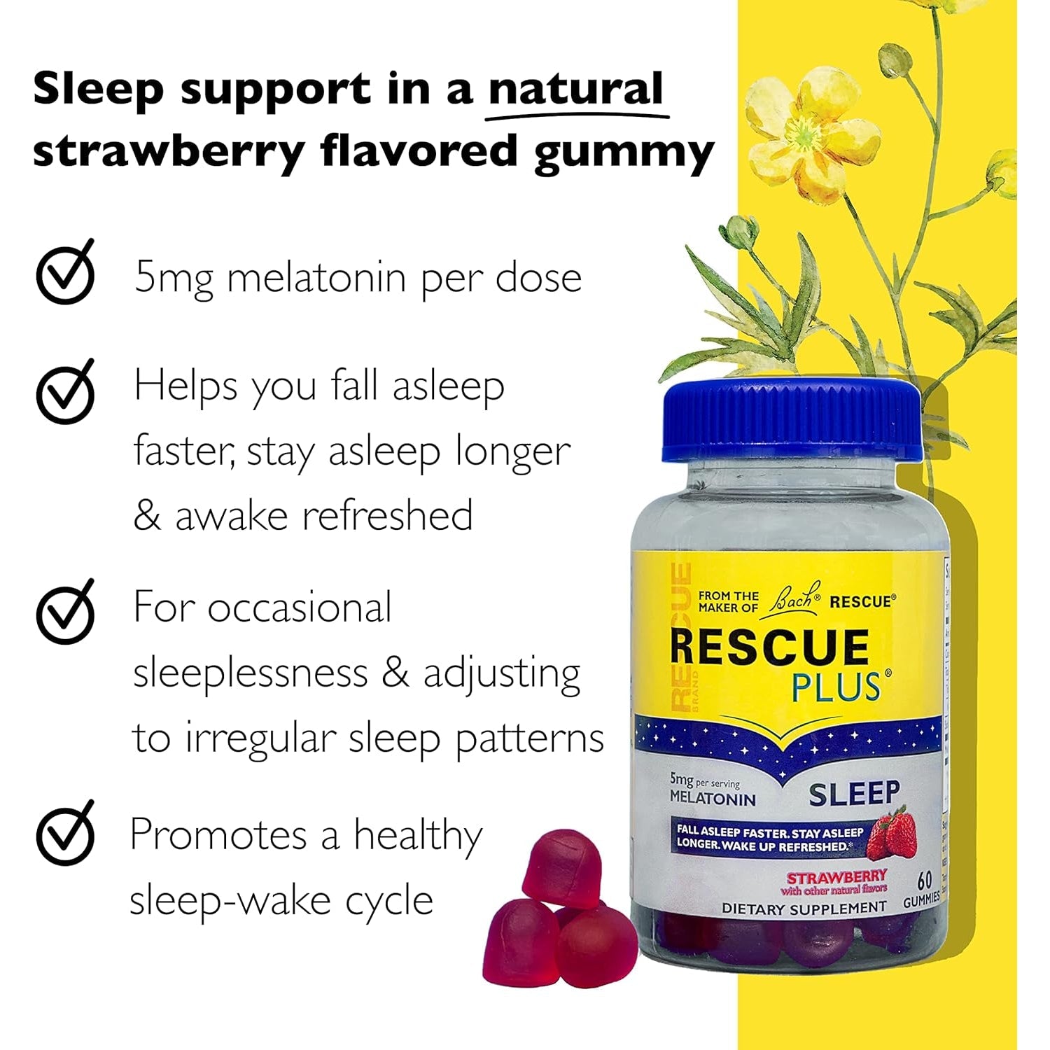 Bach RESCUE plus Melatonin Sleep Gummies, Natural Strawberry Flavor, Sleep Aid, Dietary Supplement, Vegan, Gluten-Free, No Artificial Flavors, Colors, 60 Count