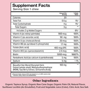 Chewsy - Beautiful Hair - Support for Stronger, Healthy Hair - with Biotin, Horsetail Extract, Goji Berry & Vitamins - Sweet Raspberry, 30-Day Supply