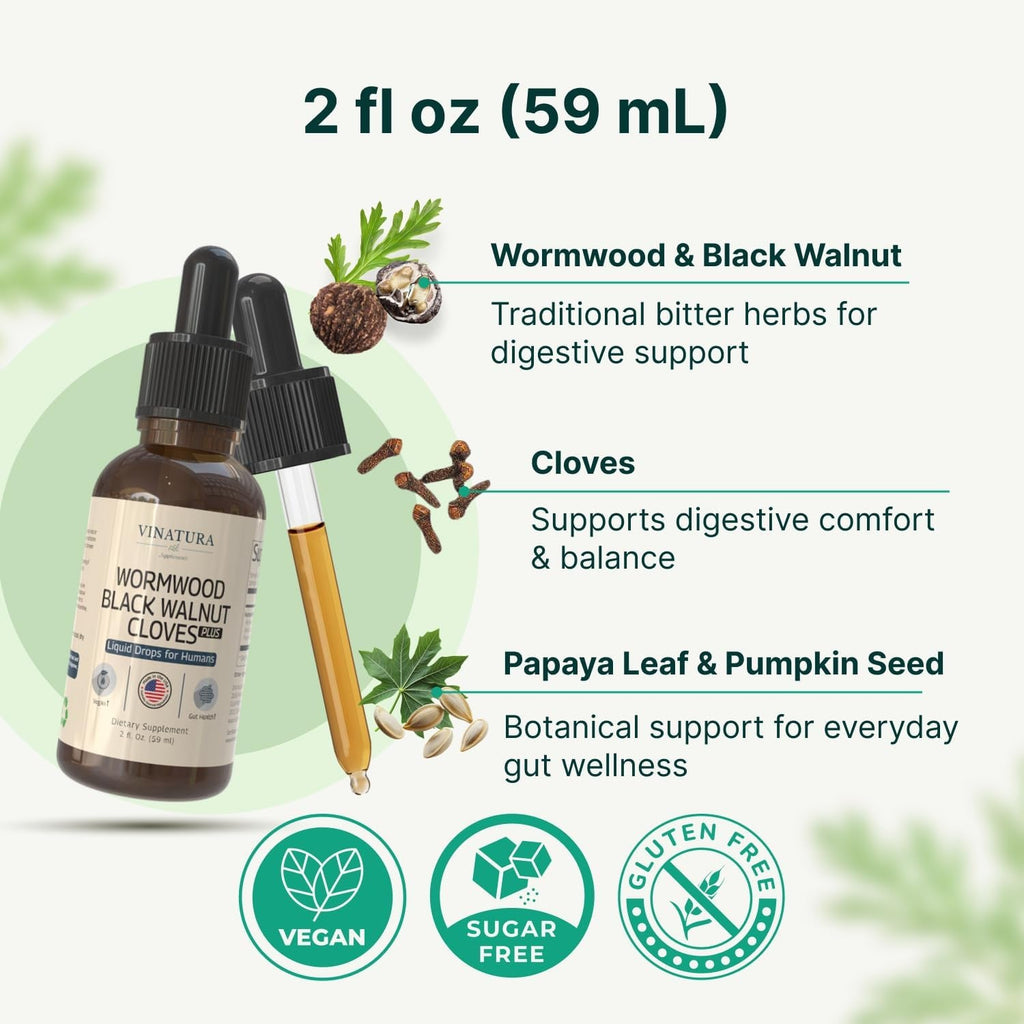 VINATURA Wormwood Black Walnut Cloves Liquid - Cleanse, Detox for Humans with Papaya Leaf and Pumpkin Seed, Intestinal Guard Formula Supplement - 2 Fl Oz