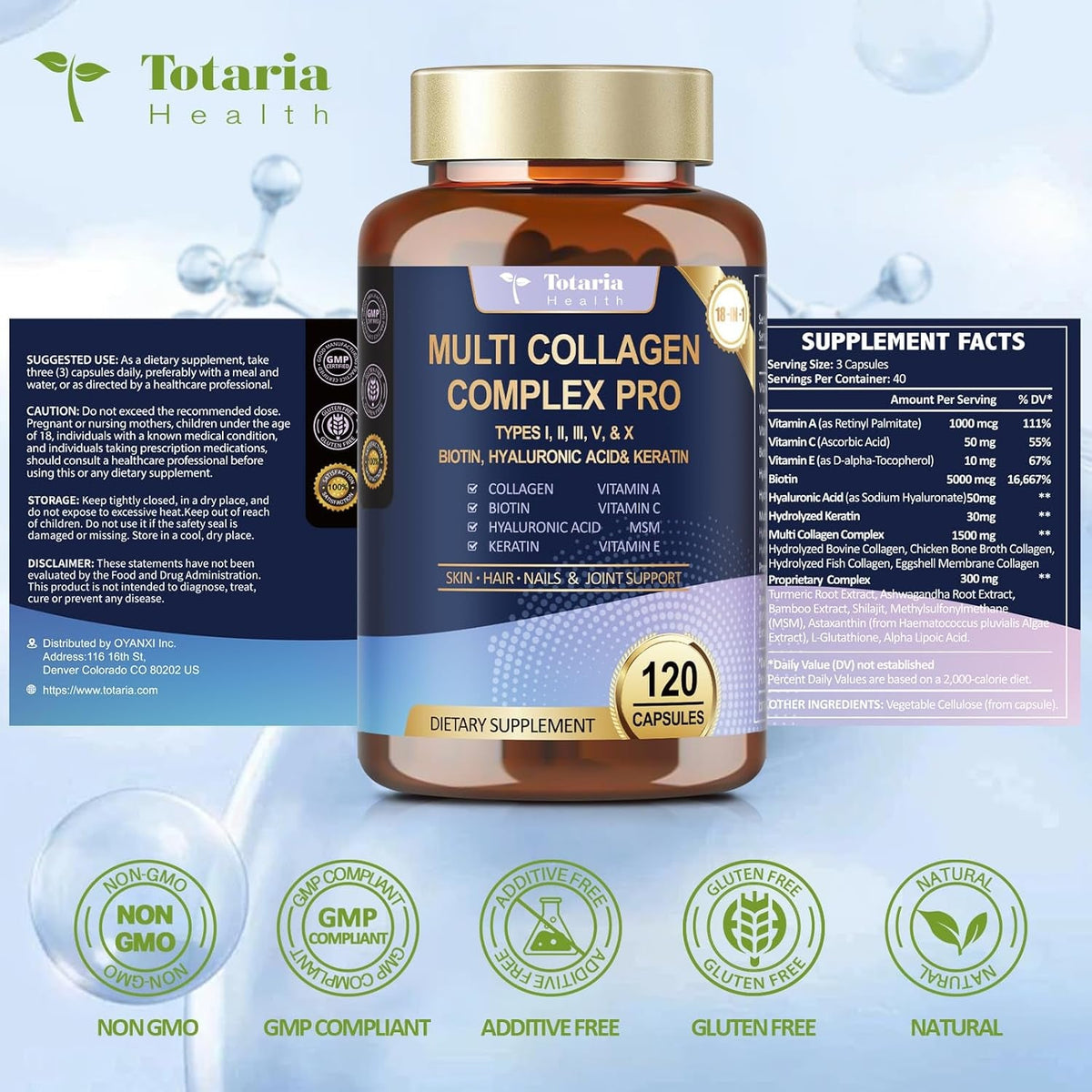 18-In-1 Collagen Pro with Hyaluronic Acid, Keratin, Biotin, VIT a C & E for Skin, Hair, Nails, Joint & Beauty - Multi Collagen Peptides Capsules with Type I II III V & X for Women & Men - 120 Caps