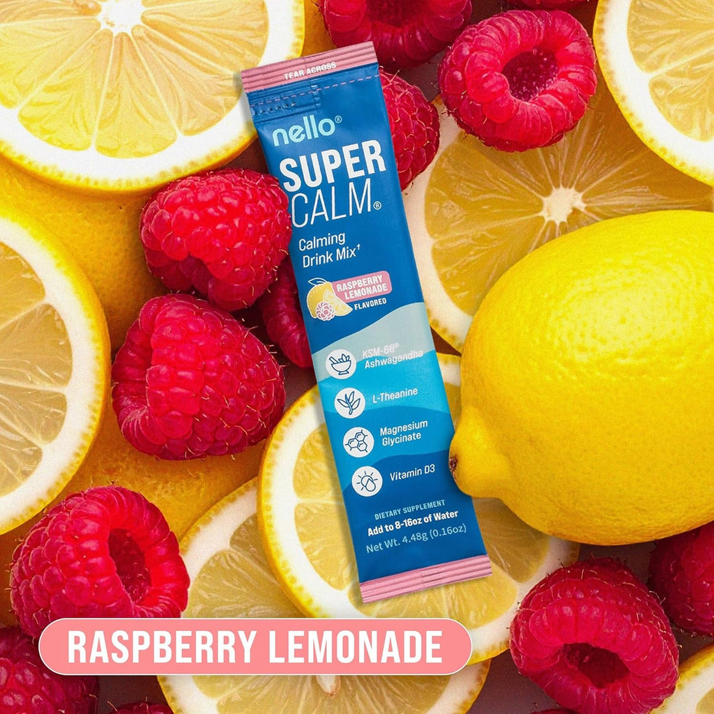 Nello Supercalm Powdered Drink Mix, Cortisol Reducer and Sleep Aid Supplement, L Theanine, Ksm-66 Ashwagandha, Magnesium Glycinate, Vitamin D 3, No Sugar, Non GMO, on the Go, 20 Ct, Raspberry Lemonade