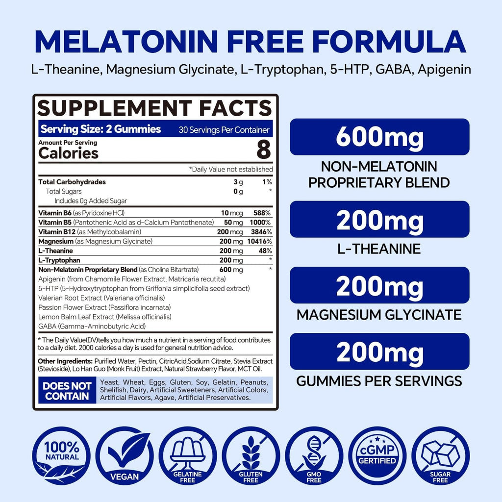 VEETAGYO Melatonin Free 5-HTP GABA Supplement Gummies for Adults & Kids 12+ with L-Theanine, Magnesium Glycinate, L-Tryptophan, Apigenin - Sugar Free, Strawberry Flavor, Vegan, 120 Count