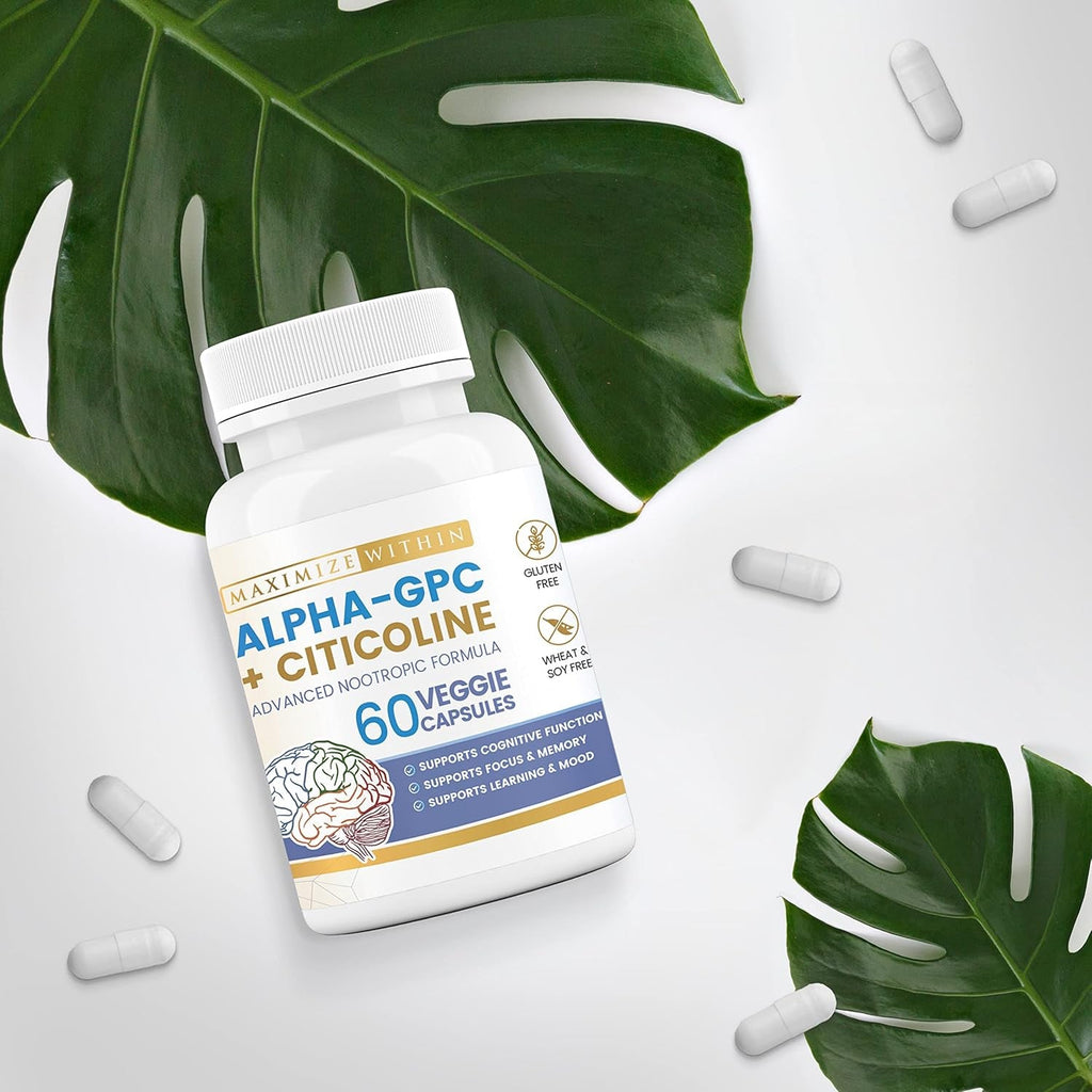 Alpha GPC + Citicoline 60 Ct, 1600Mg Concentrated Formula- 99%+Highly Purified & Bioavailable Nootropic-Cognitive Enhancer, Supports Memory, Brain Function, Boosts Focus, Mood & Energy