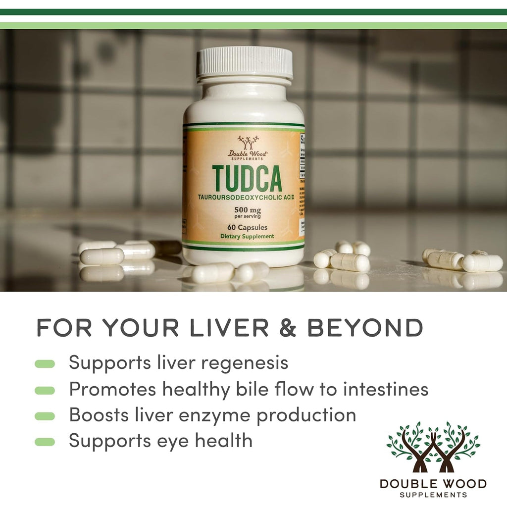 TUDCA Bile Salts Liver Support Supplement, 500Mg Servings, Liver and Gallbladder Cleanse Supplement (60 Capsules, 250Mg) Genuine Bile Acid TUDCA with Strong Bitter Taste by Double Wood