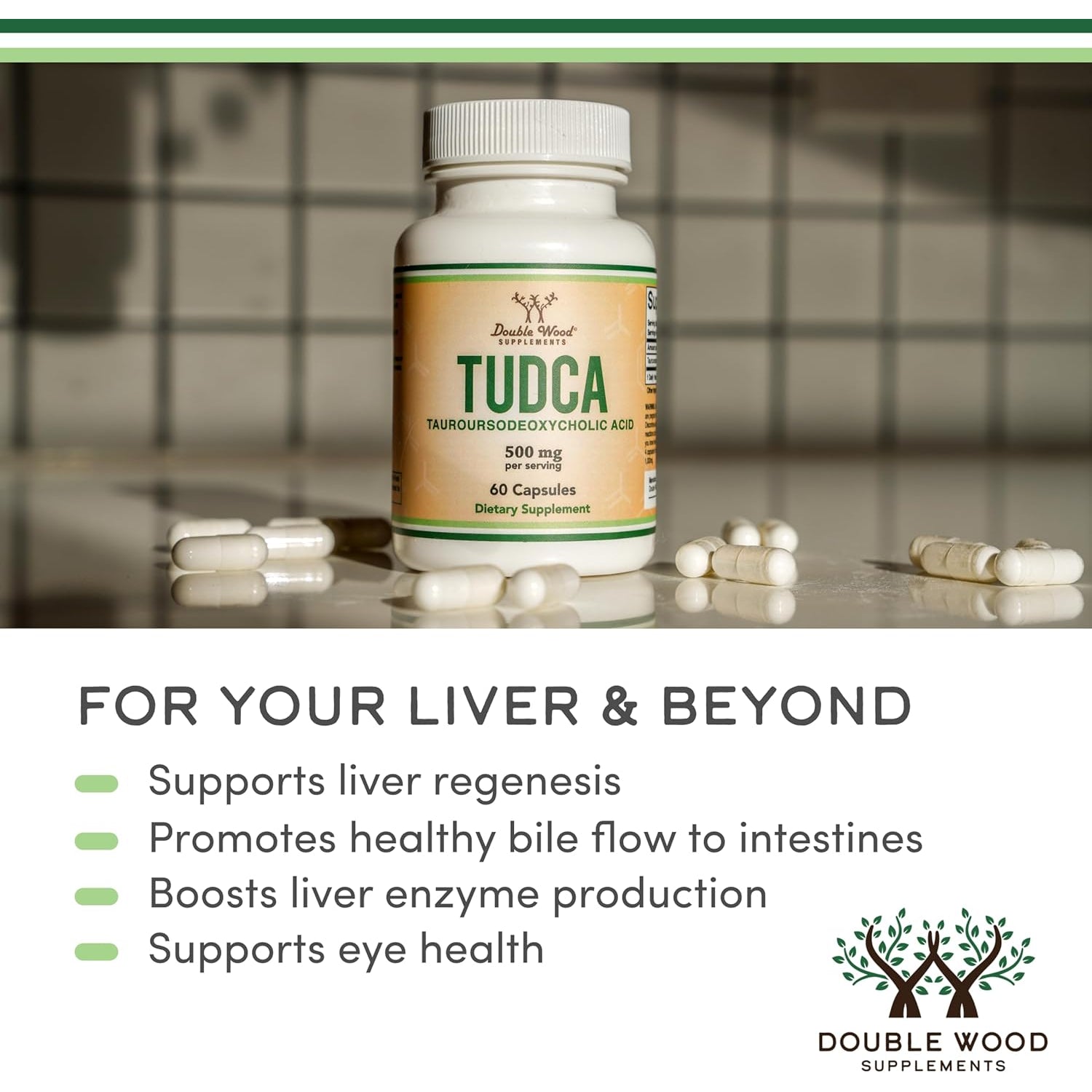 TUDCA Bile Salts Liver Support Supplement, 500Mg Servings, Liver and Gallbladder Cleanse Supplement (60 Capsules, 250Mg) Genuine Bile Acid TUDCA with Strong Bitter Taste by Double Wood