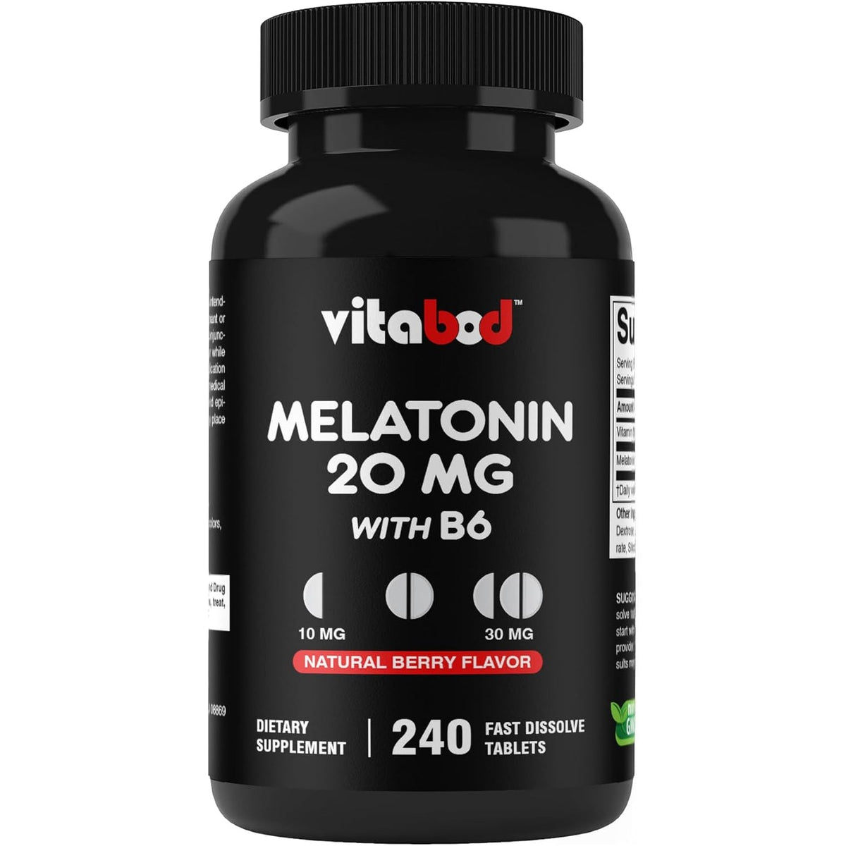 Vitabod Melatonin 20 Mg - 240 Fast Dissolve Tablets - Drug Free - Natural Berry Flavor - Vegetarian, Non-Gmo, Gluten Free 240 Count (Pack of 1) (240 Count (Pack of 1))