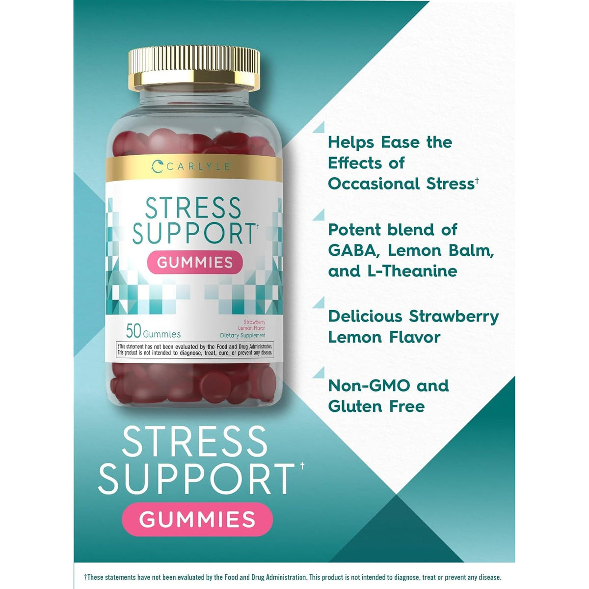 Carlyle Stress Support Supplement Gummies | 50 Count | for Women and Men | with GABA and L-Theanine | Strawberry Lemon Flavor | Non-Gmo & Gluten Free