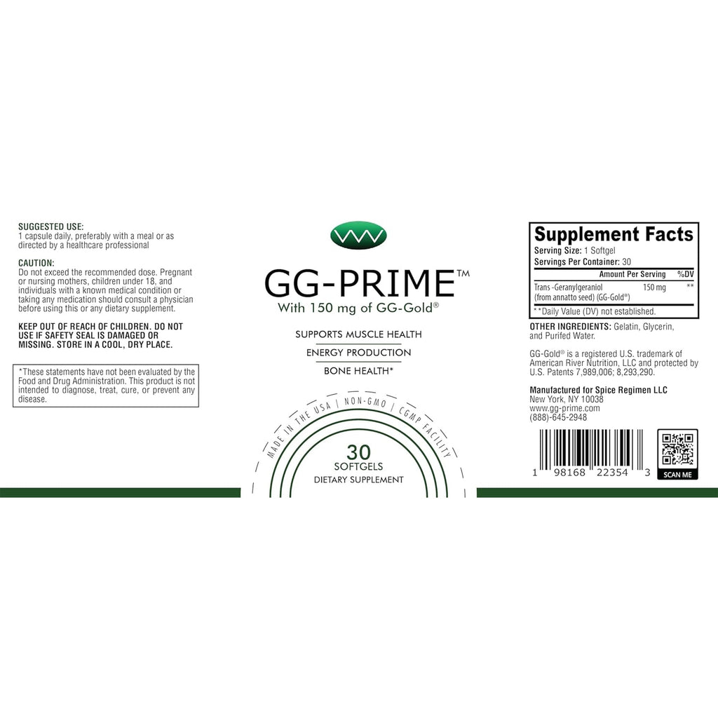 Gg-Prime™ Geranylgeraniol Supplement – 150Mg Gg-Gold® from Annatto – Supports Coq10 Production, Muscle & Bone Health – 30 Softgels