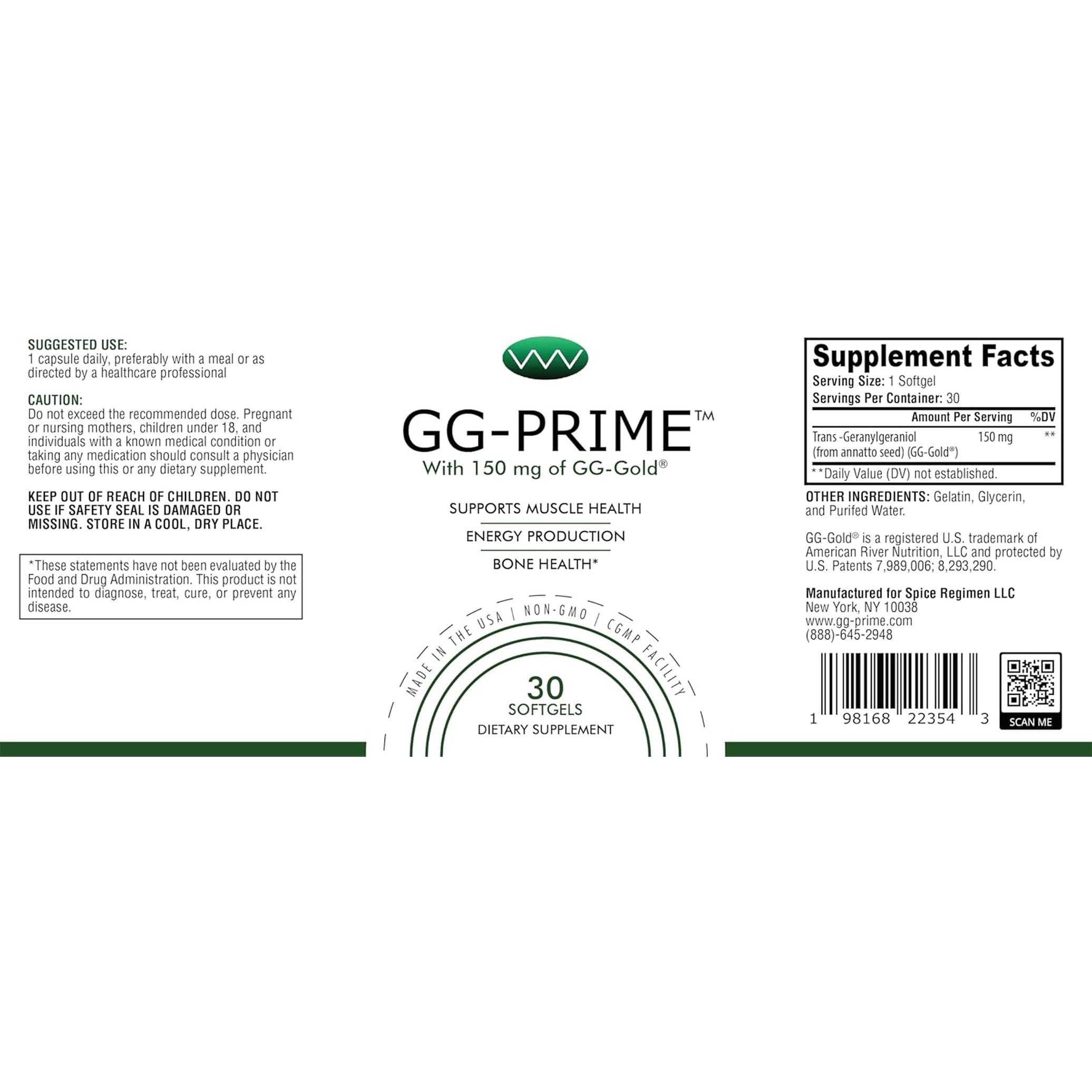 Gg-Prime™ Geranylgeraniol Supplement – 150Mg Gg-Gold® from Annatto – Supports Coq10 Production, Muscle & Bone Health – 30 Softgels