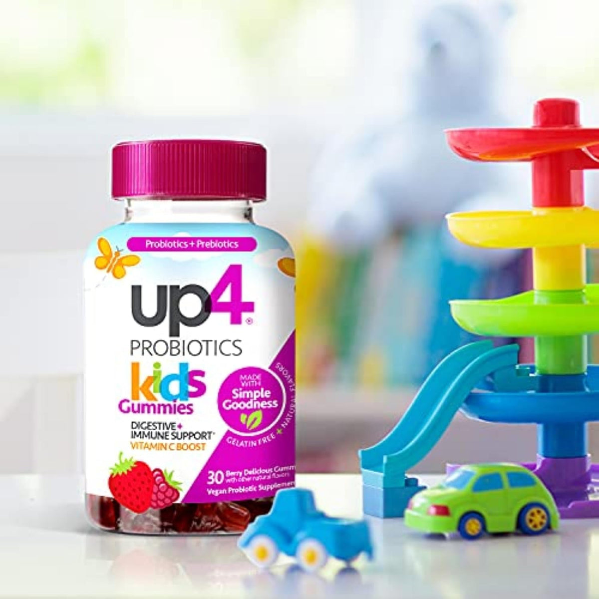 Up4 Kids Probiotic Gummies, Digestive and Immune Support with Prebiotics and Vitamin C, Gelatin Free, Gluten Free and Non-Gmo, for Ages 3+, 30 Count